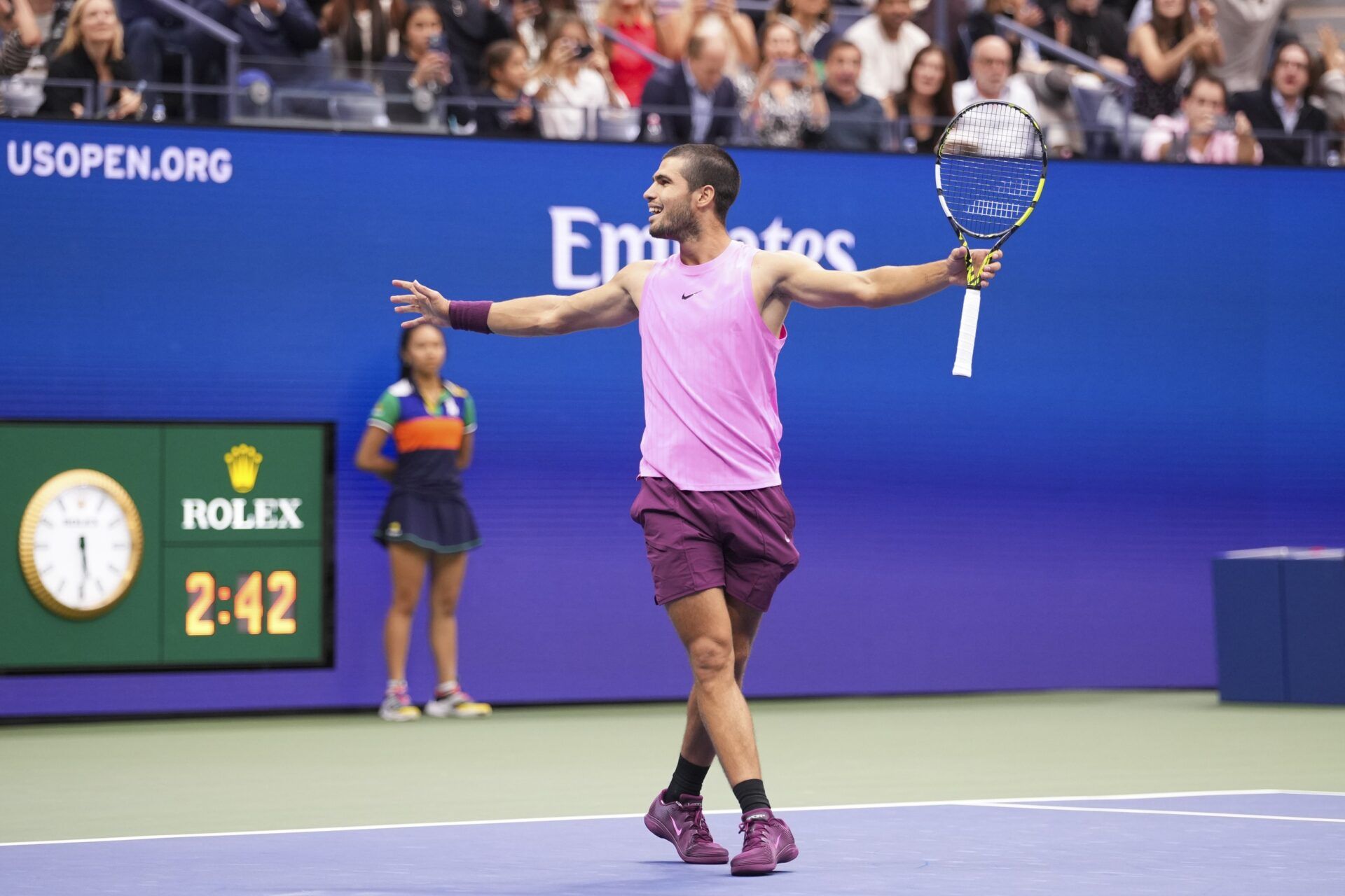 Carlos Alcaraz (ESP) celebrates after defeating Jannik Sinner (ITA) (not pictured) during the final of mens singles at Billie Jean King National Tennis Center.