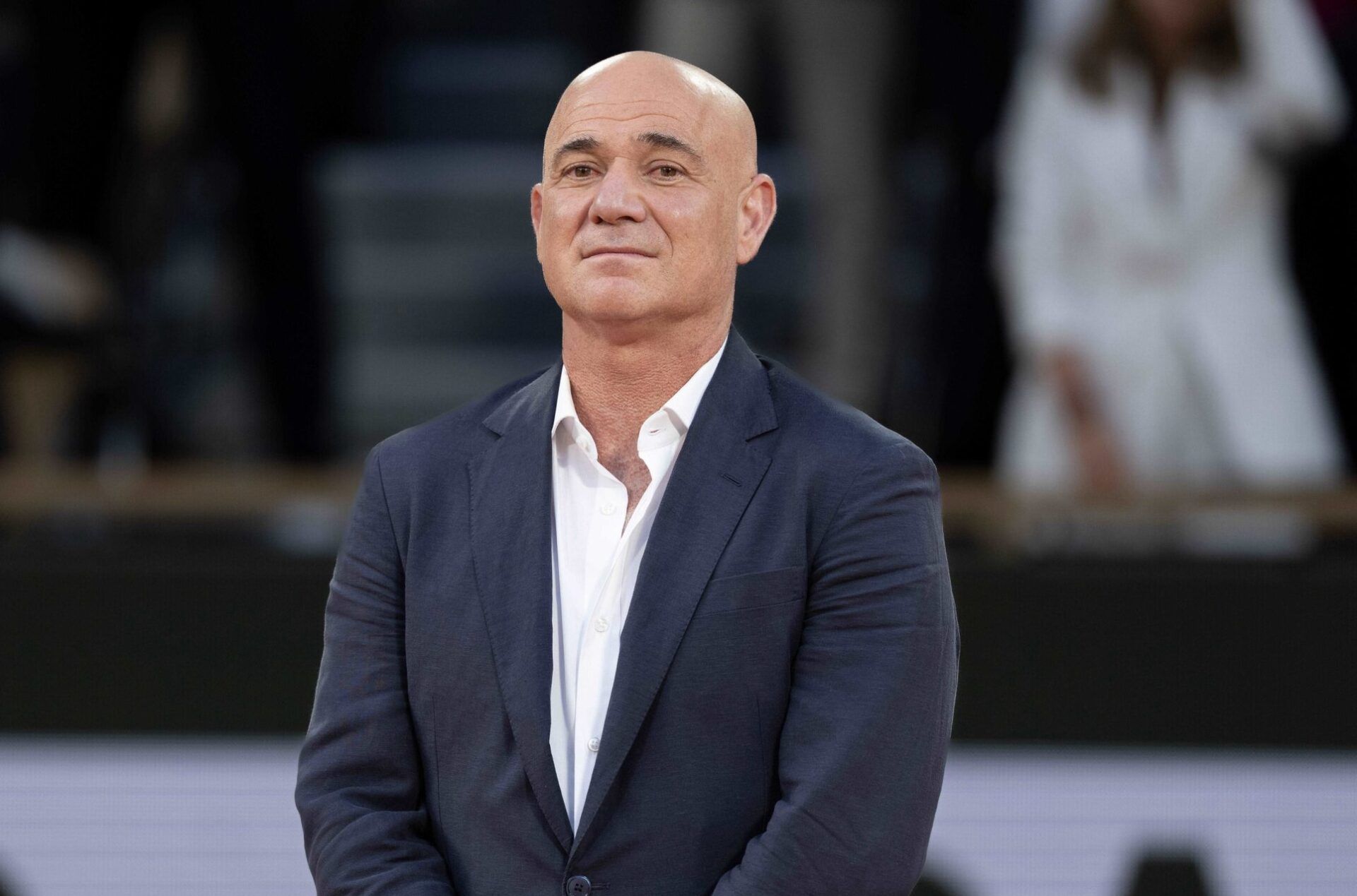 Andre Agassi at the trophy presentation for the Carlos Alcaraz of Spain and Jannik Sinner of Italy men’s singles final match on day 15 at Roland Garros Stadium.