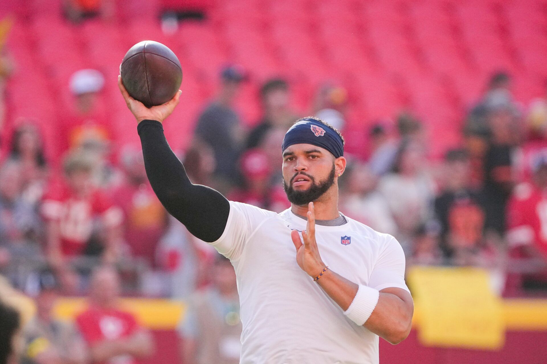 Chicago Bears quarterback Caleb Williams (18) warms up against the Kansas City Chiefs prior to a game at GEHA Field at Arrowhead Stadium.