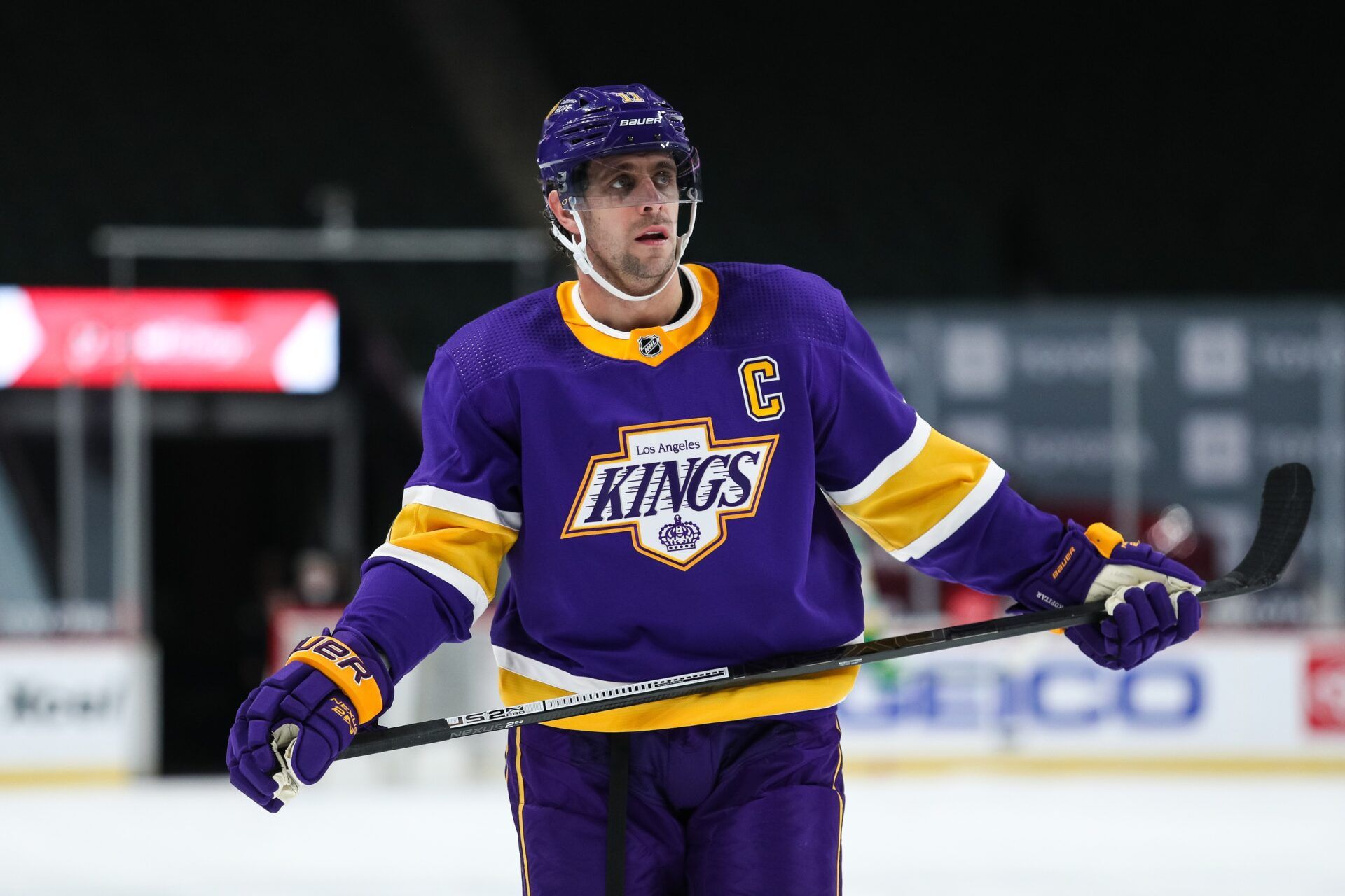 iFeb 27, 2021; Saint Paul, Minnesota, USA; Los Angeles Kings center Anze Kopitar (11) looks on in the second period during a game against the Minnesota Wild at Xcel Energy Center.