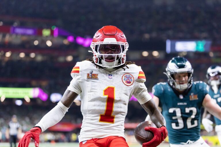 Kansas City Chiefs wide receiver Xavier Worthy (1) against the Philadelphia Eagles in Super Bowl LIX at Ceasars Superdome.