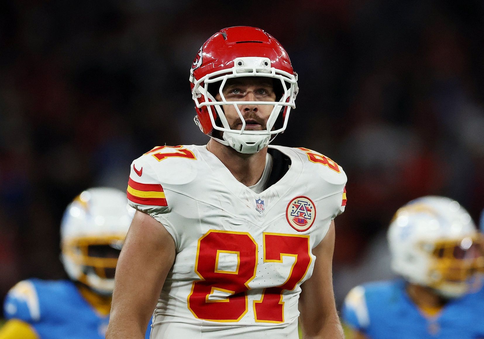 [US, Mexico & Canada customers only] Sep 5, 2025; Sao Paulo, BRAZIL; Kansas City Chiefs tight end Travis Kelce (87) looks on against the Los Angeles Chargers in the second half during a NFL game at Corinthians Arena.