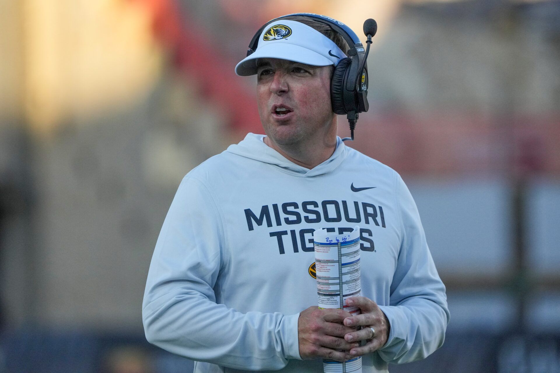 Missouri Tigers head coach Eli Drinkwitz on field against the Central Arkansas Bears during the first half of the game at Faurot Field at Memorial Stadium.