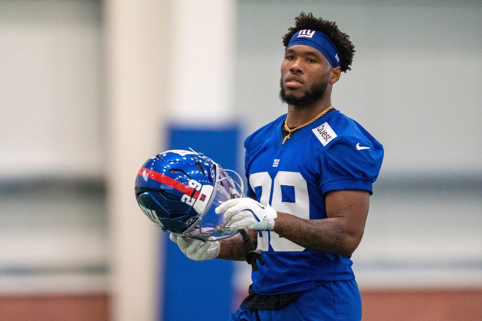 New York Giants running back Tyrone Tracy Jr. (29) walks around during Mandatory Minicamp at Quest Diagnostics Giants Training Center in East Rutherford on Tuesday, June 17, 2025.