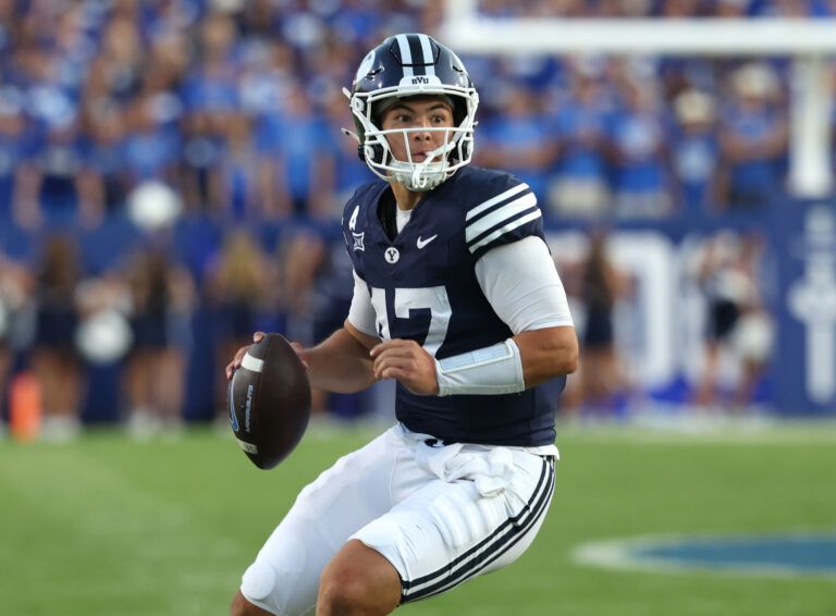 Brigham Young Cougars quarterback Bear Bachmeier (47) looks to pass against the Portland State Vikings during the second quarter at LaVell Edwards Stadium.