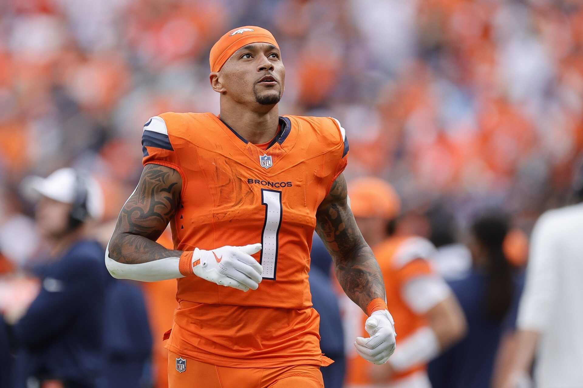 Denver Broncos tight end Evan Engram (1) in the second half at Empower Field at Mile High.