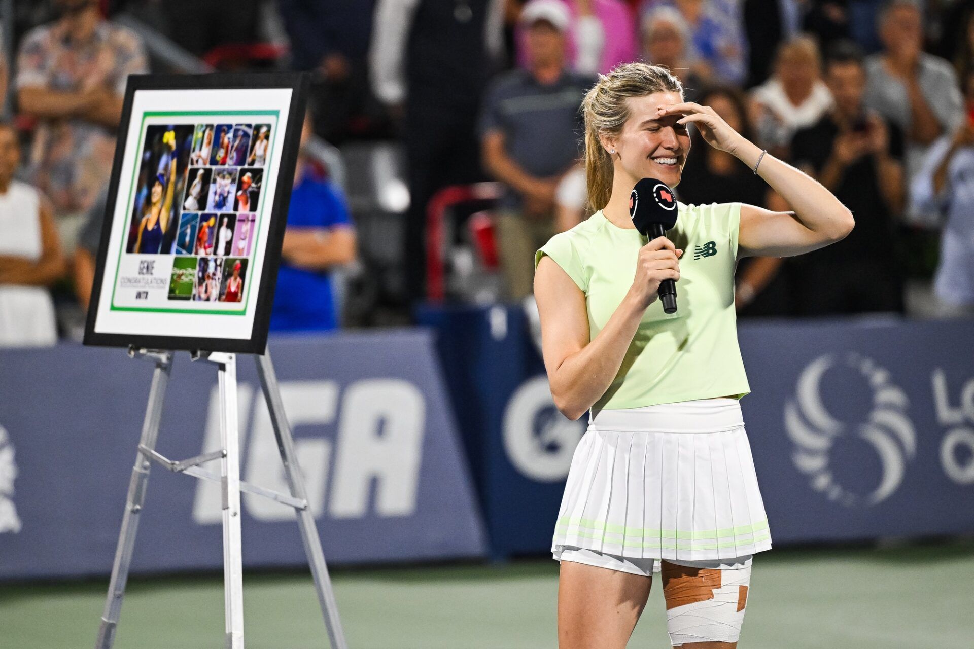 Eugenie Bouchard (CAN) addresses the crowd during her retirement ceremony at IGA Stadium.