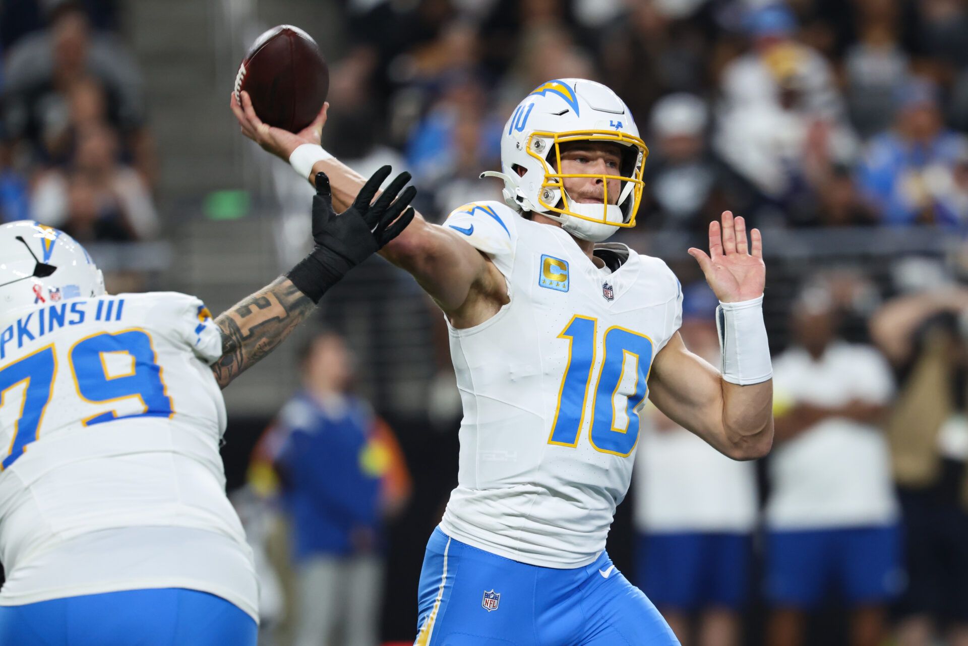 Los Angeles Chargers quarterback Justin Herbert (10) passes the ball during the first quarter against the Las Vegas Raiders at Allegiant Stadium.