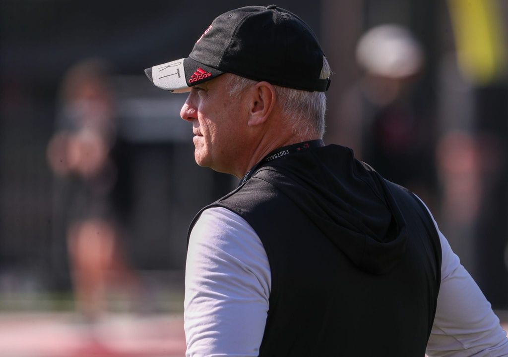 Head coach Joey McGuire looks on during Texas Tech football practice, Monday, August 4, 2025, at the Womble Football Center.