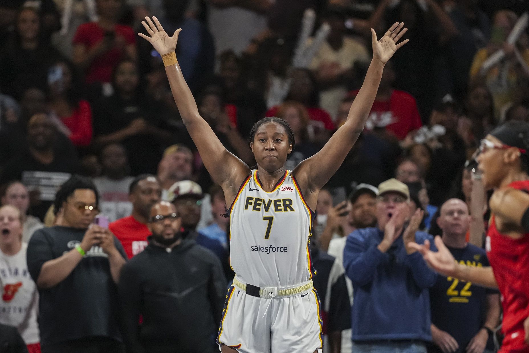 Indiana Fever forward Aliyah Boston (7) reacts as the Fever defeat the Atlanta Dream during game three of round one for the 2025 WNBA Playoffs at Gateway Center Arena at College Park.