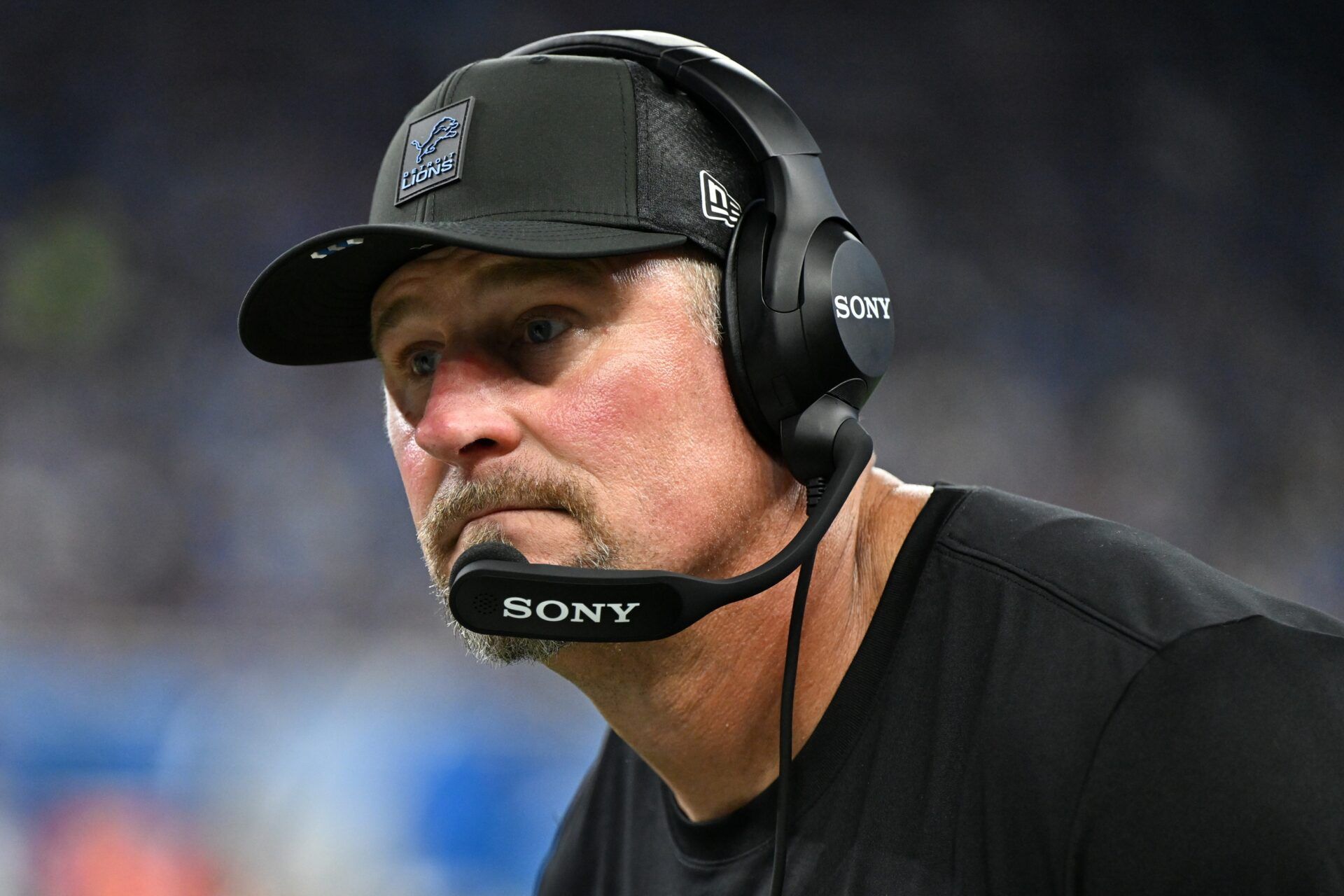 Detroit Lions head coach Dan Campbell looks on during the second quarter of the game against the Chicago Bears at Ford Field.