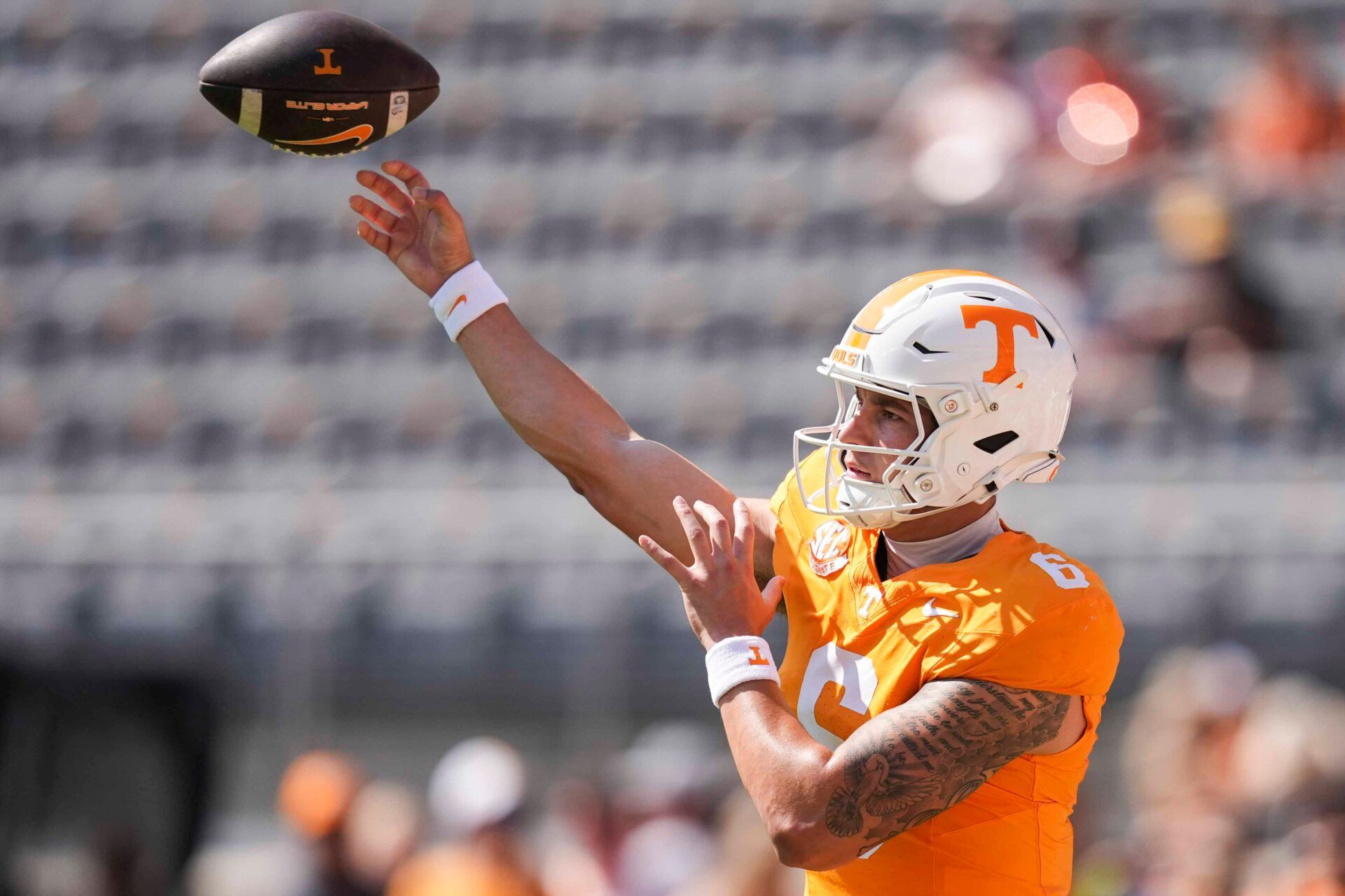 Tennessee quarterback Joey Aguilar (6) throws the ball before a NCAA football game between Tennessee and UAB at Neyland Stadium in Knoxville, Tenn., September 20, 2025.
