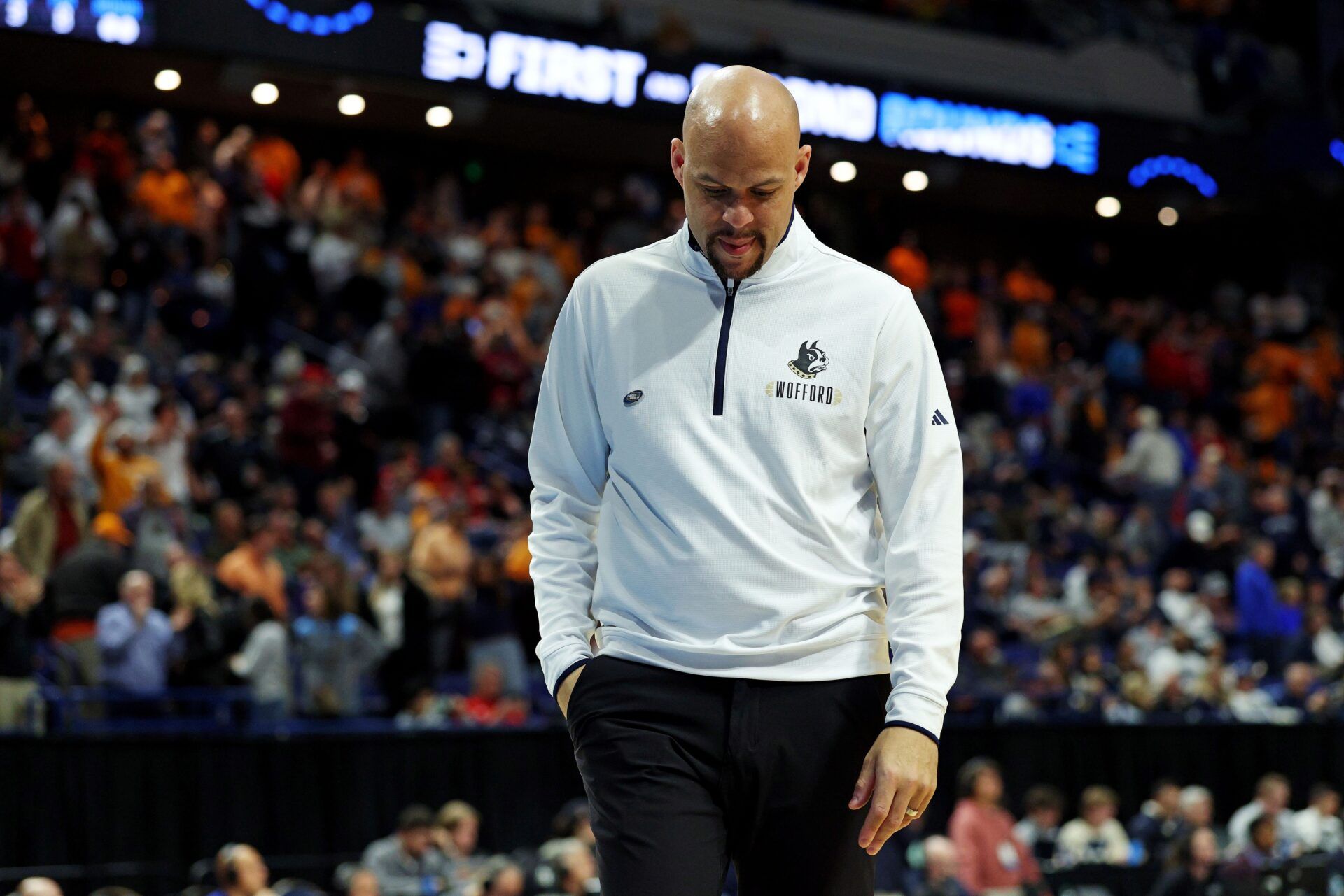Wofford Terriers head coach Dwight Perry reacts during the second half against the Tennessee Volunteers in the first round of the NCAA Tournament at Rupp Arena.