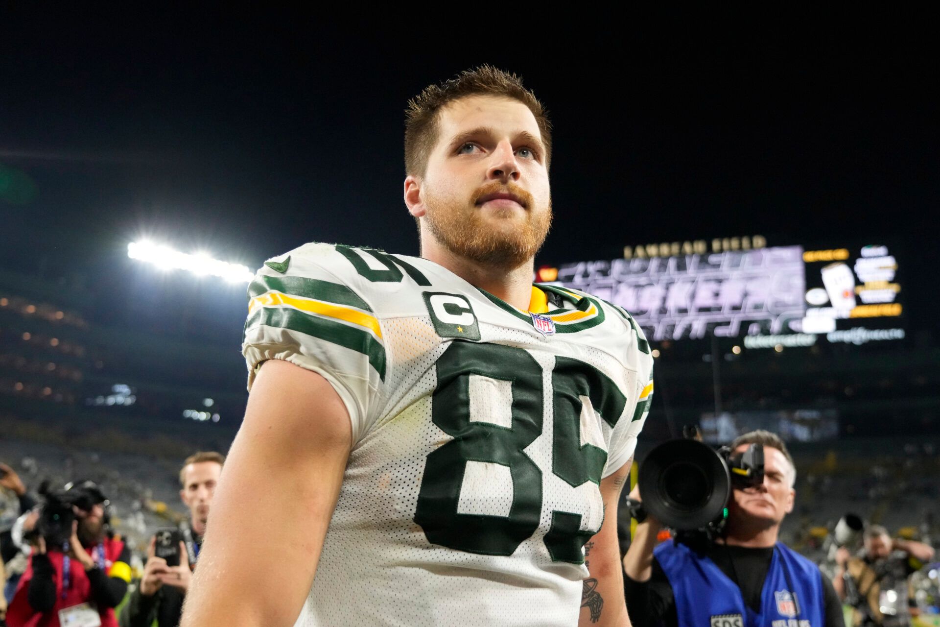 Green Bay Packers tight end Tucker Kraft (85) looks on after the game against the Washington Commanders at Lambeau Field.