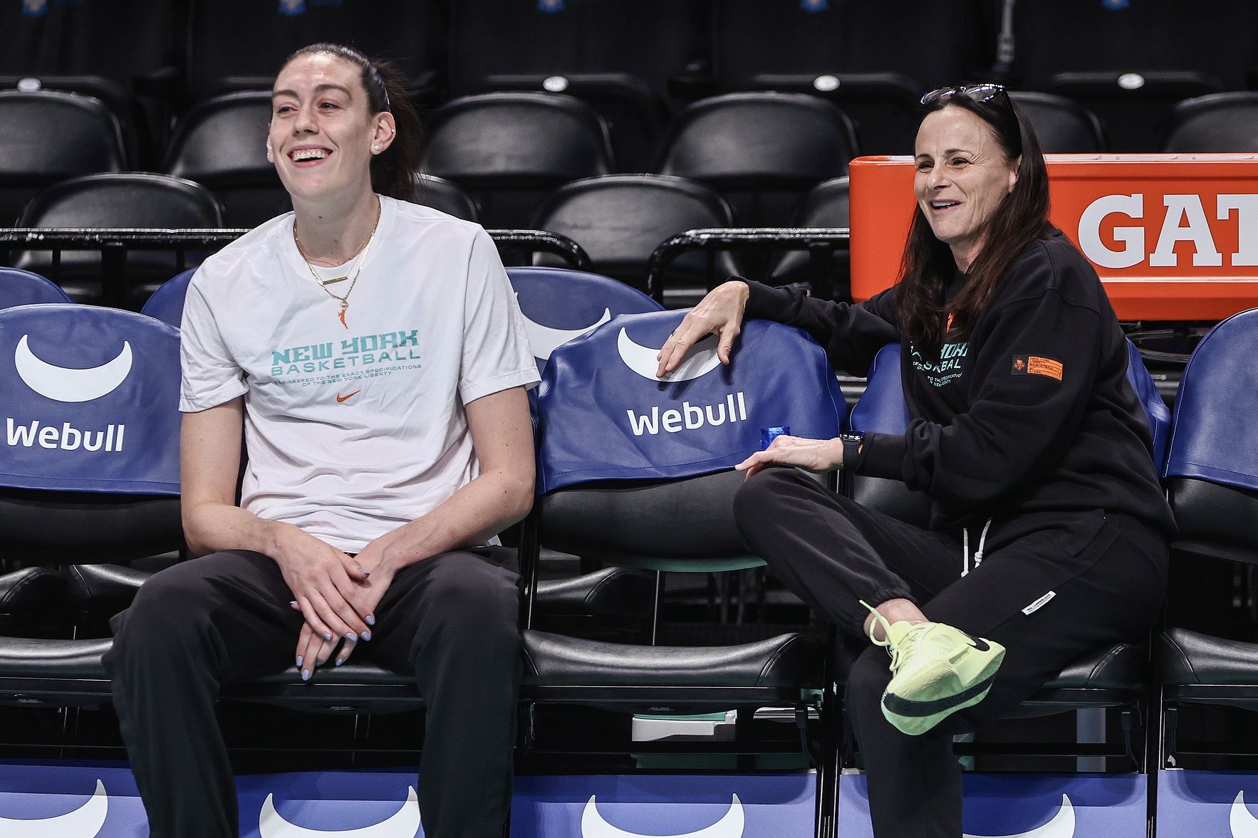 New York Liberty forward Breanna Stewart (30) talks with head coach Sandy Brondello prior to the game against the Chicago Sky at Barclays Center.