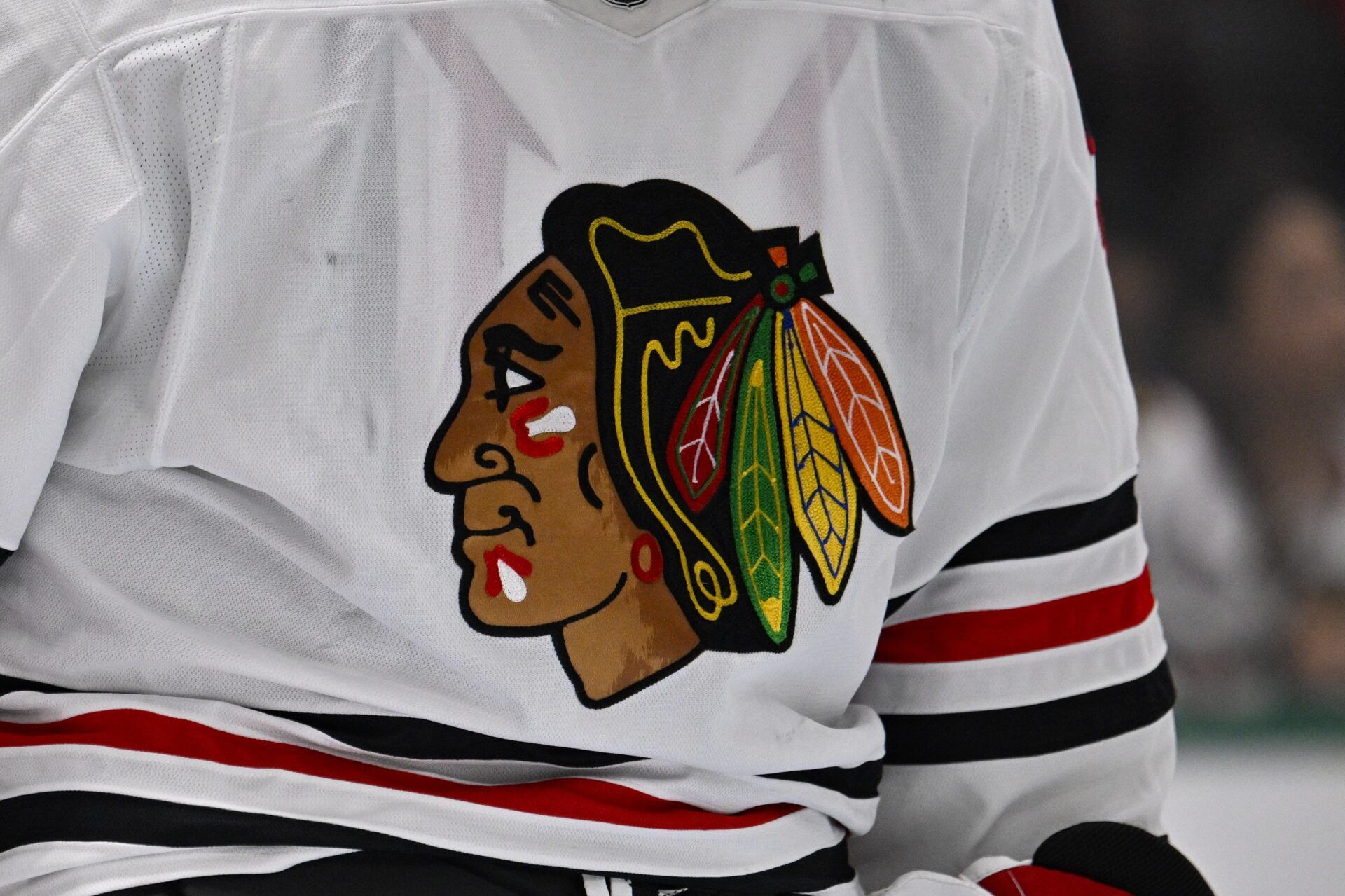 A view of the logo on the jersey of Chicago Blackhawks goaltender Petr Mrazek (34) during the game between the Dallas Stars and the Chicago Blackhawks at American Airlines Center.