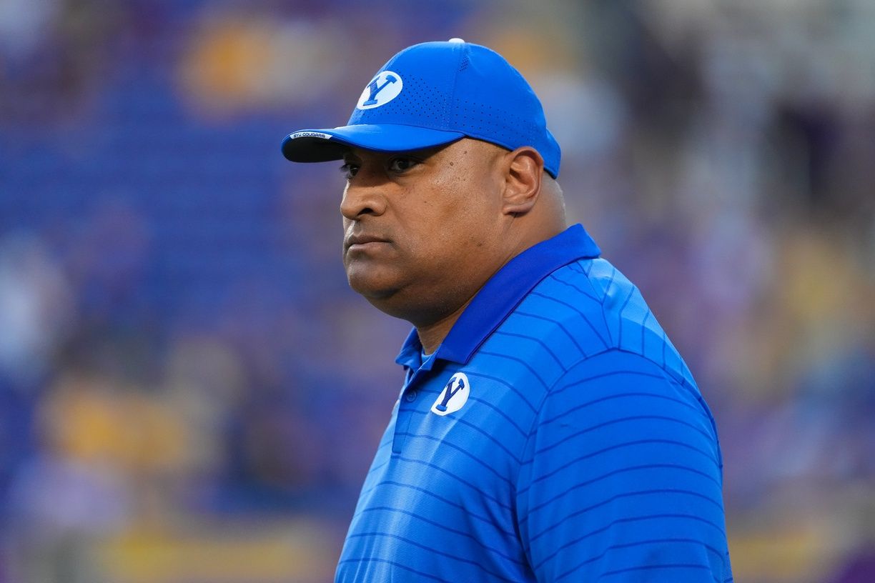 Brigham Young Cougars head coach Kalani Sitake looks on before the game against the East Carolina Pirates at Dowdy-Ficklen Stadium.