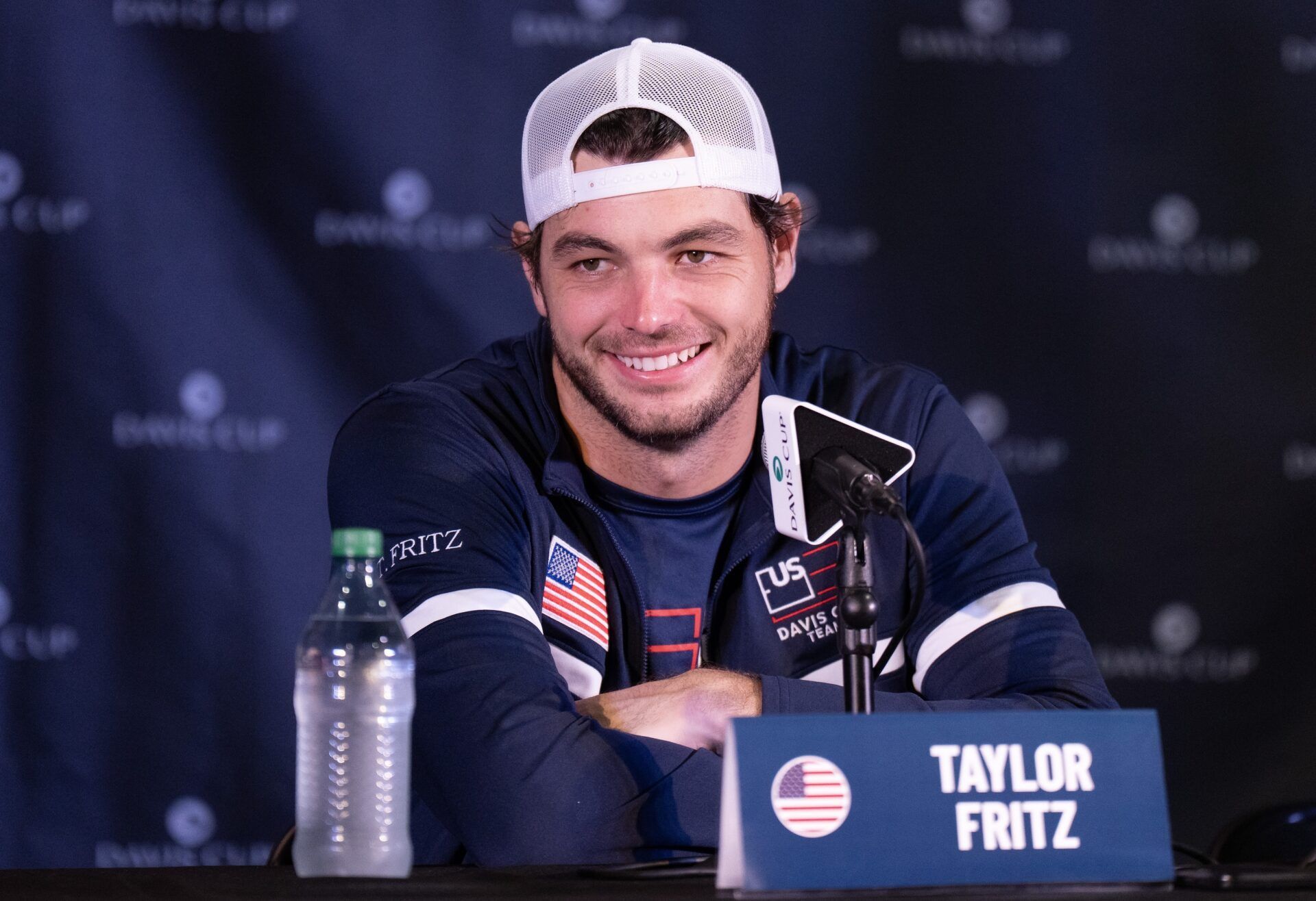 Delray Beach, FL, USA; Taylor Fritz of the United States in his press conference after defeating Jakub Mensik of Czechia in the second  rubber of the Davis Cup tie between the USA and Czechia at Delray Beach Tennis Center.