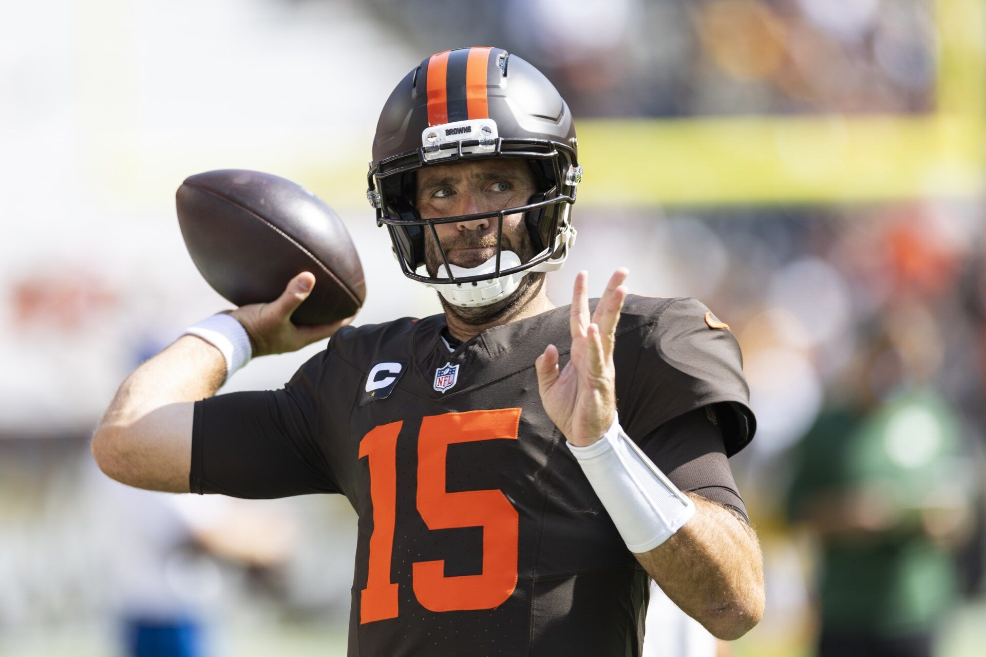 Cleveland Browns quarterback Joe Flacco (15) throws the ball during warm ups before the game against the Green Bay Packers at Huntington Bank Field.