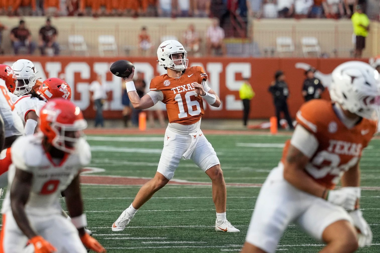 Texas Longhorns quarterback Arch Manning (16) throws a pass during the first half against the Sam Houston Bearkats at Darrell K Royal-Texas Memorial Stadium.