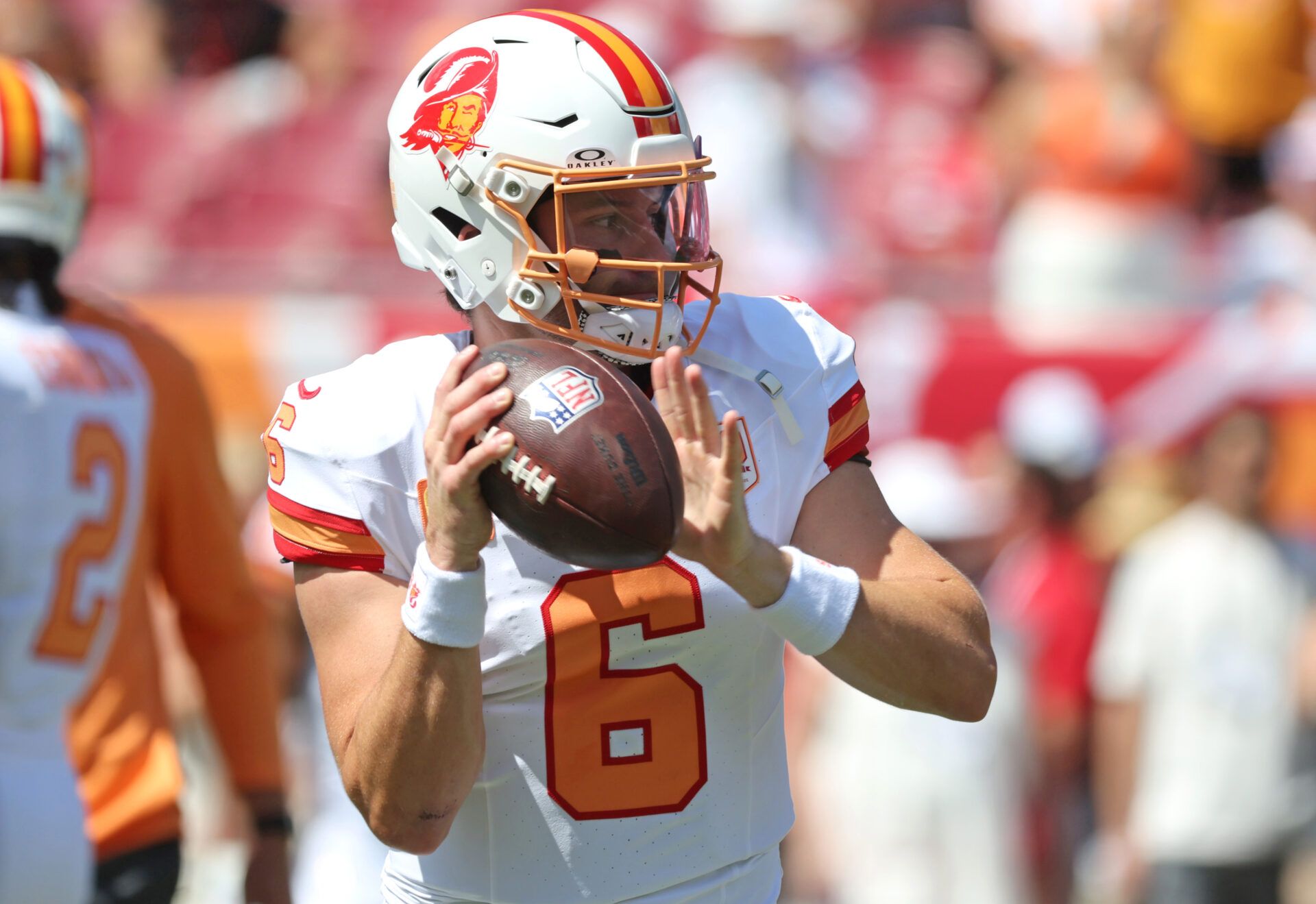 Tampa Bay Buccaneers quarterback Baker Mayfield (6) works out prior to the game against the New York Jets at Raymond James Stadium.
