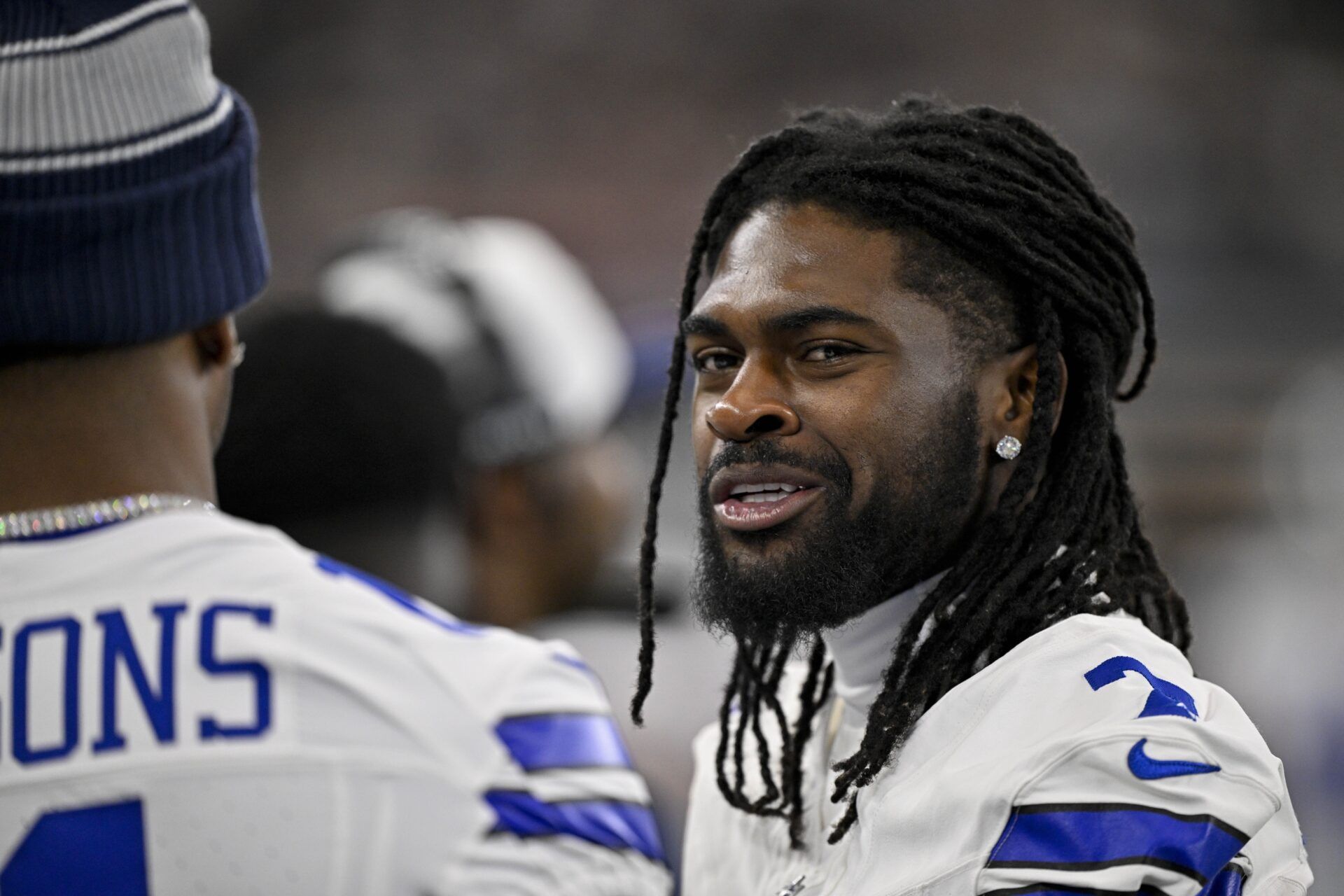 Dallas Cowboys cornerback Trevon Diggs (7) looks on before the game between the Dallas Cowboys and the Baltimore Ravens at AT&T Stadium.