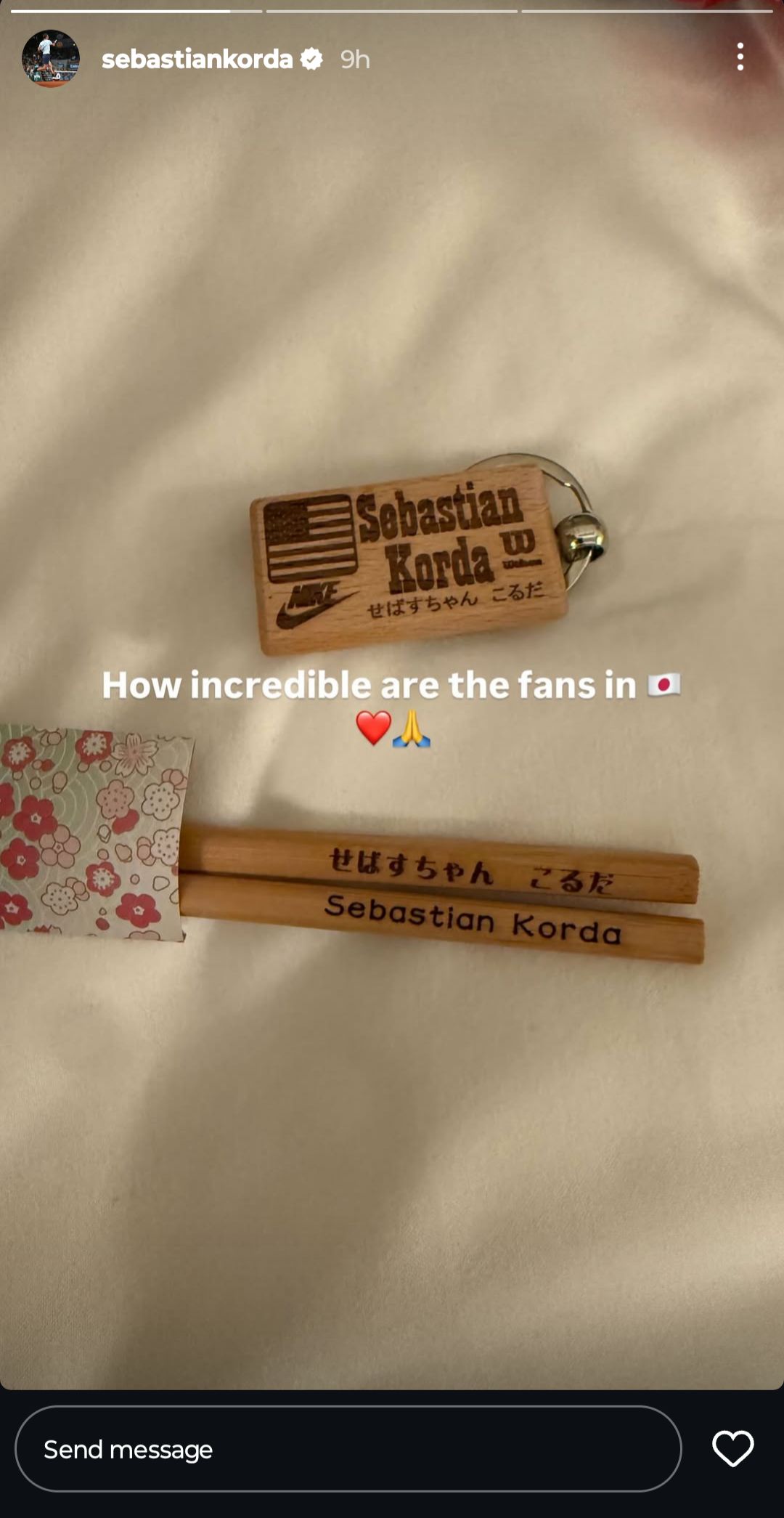 Screen grab of Sebastian Korda's Instagram story
