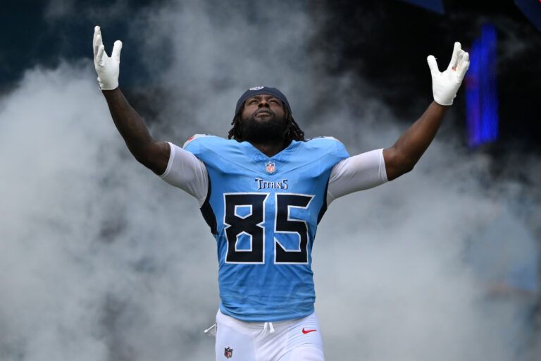 Tennessee Titans tight end Chig Okonkwo (85) before the first half at Nissan Stadium.