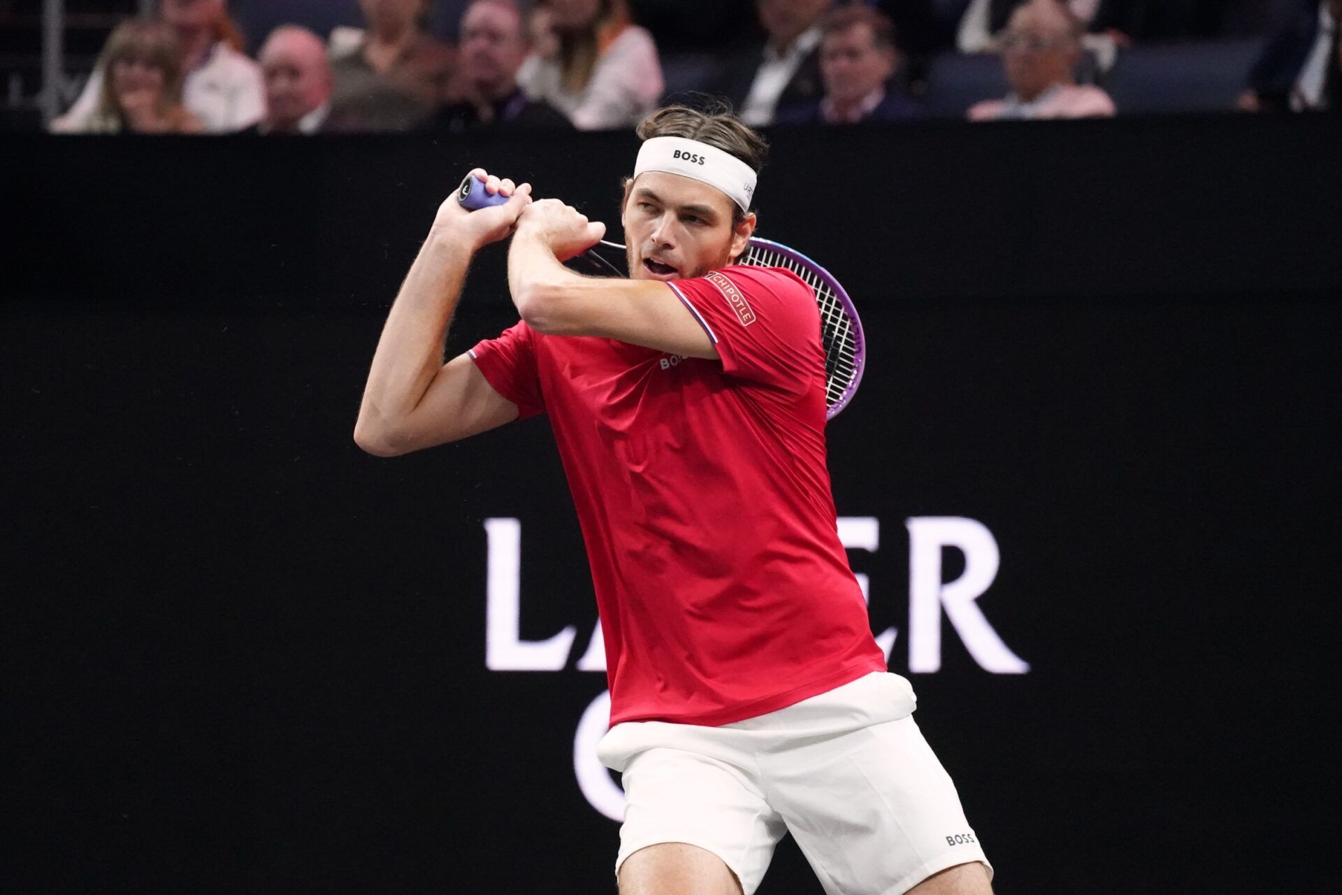 Team World player Taylor Fritz returns the ball from Team Europe player Alexander Zverev during the Laver Cup at Chase Center.