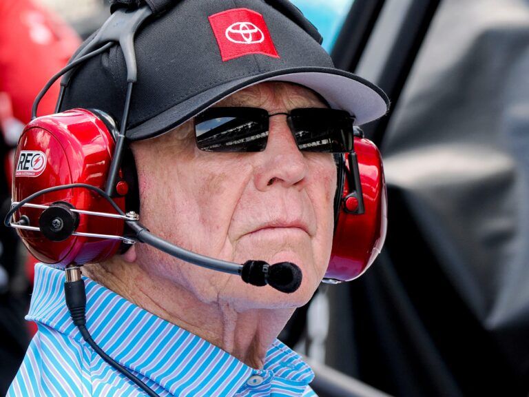 Joe Gibbs looks out on the track Sunday, July 27, 2025, during the Brickyard 400 at Indianapolis Motor Speedway.