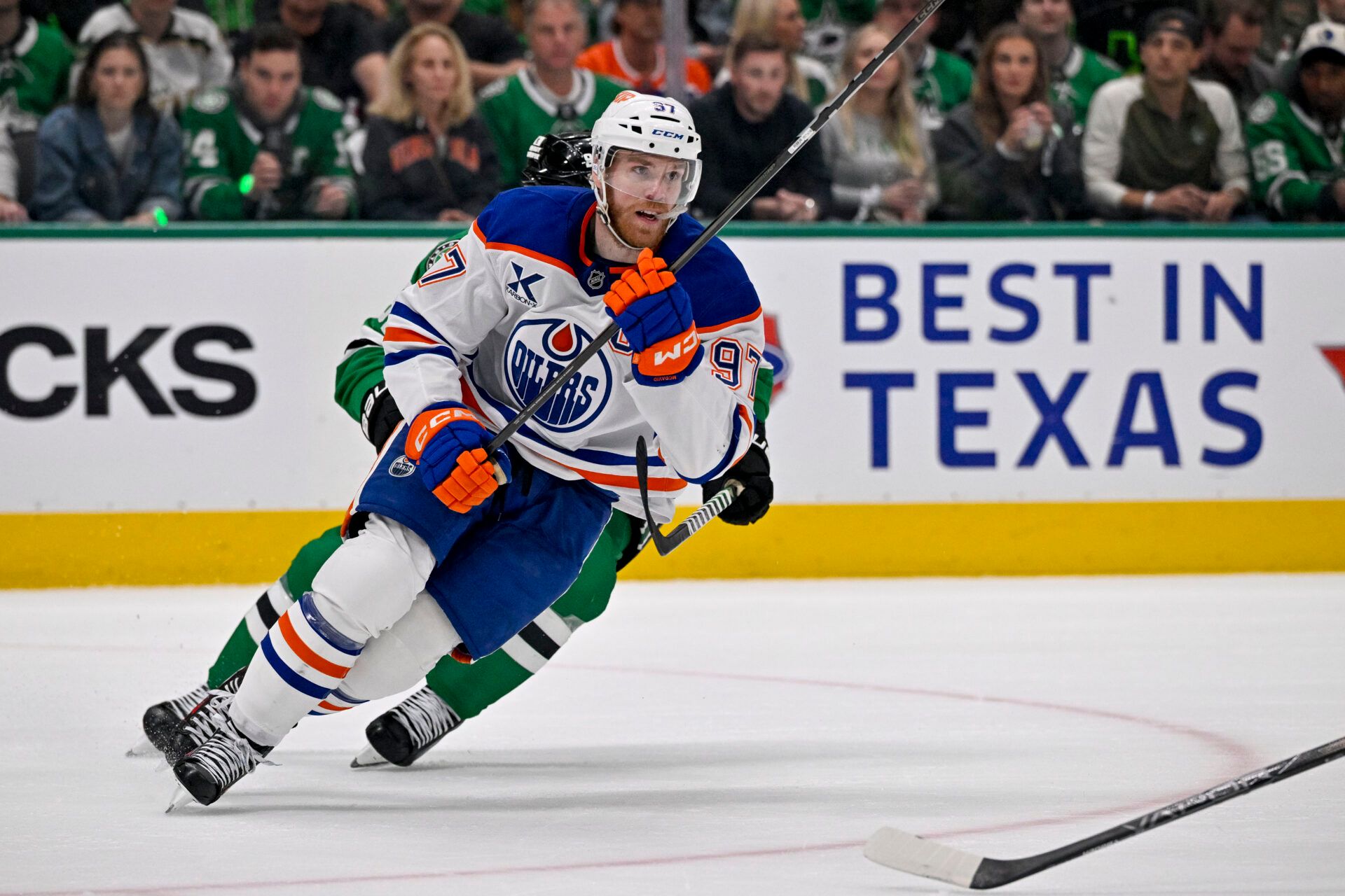Edmonton Oilers center Connor McDavid (97) in action during the game between the Dallas Stars and the Edmonton Oilers in game five of the Western Conference Final of the 2025 Stanley Cup Playoffs at American Airlines Center.