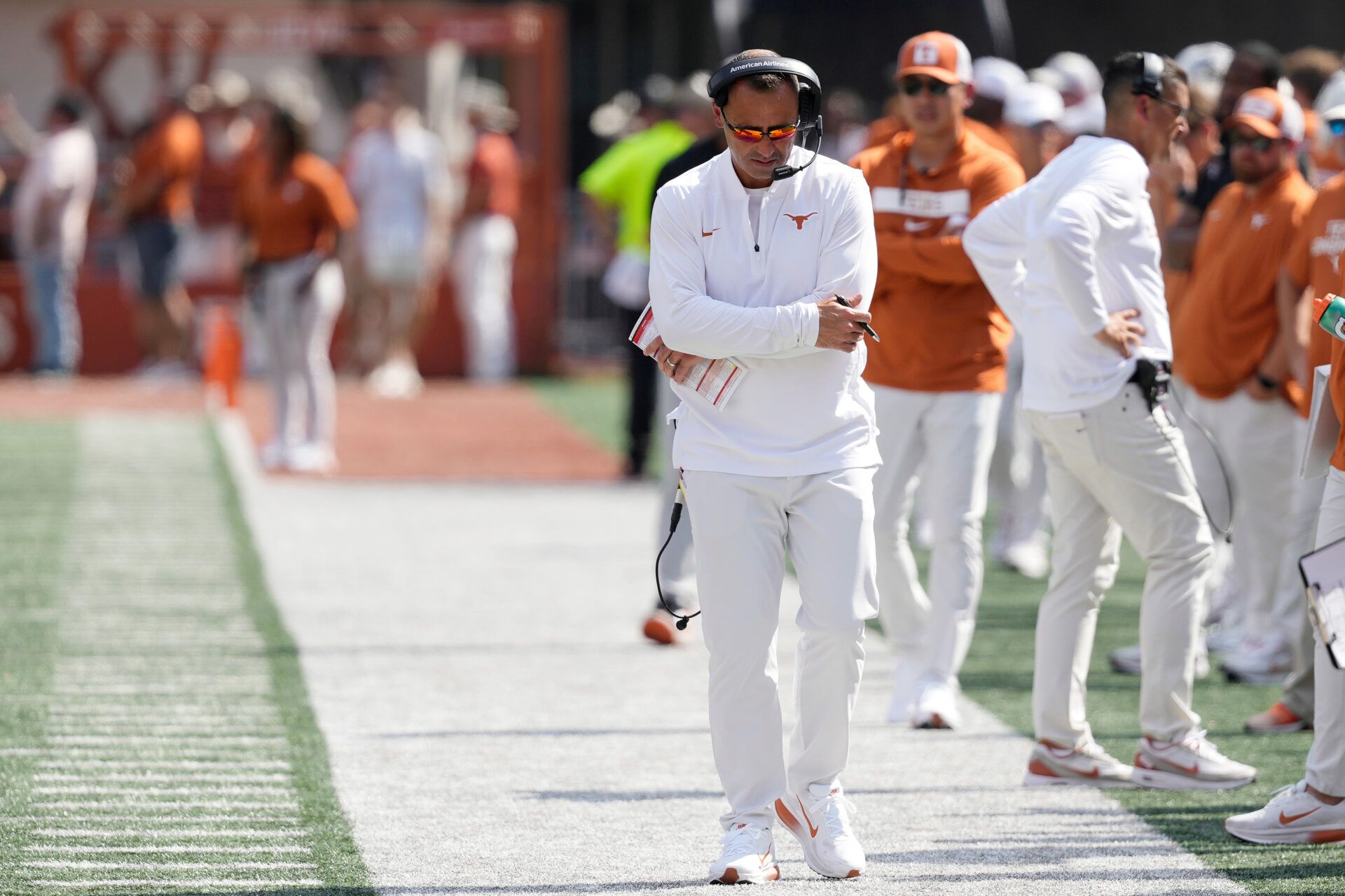 Texas Longhorns head coach Steve Sarkisian during the first half against the Texas El Paso Miners at Darrell K Royal-Texas Memorial Stadium.