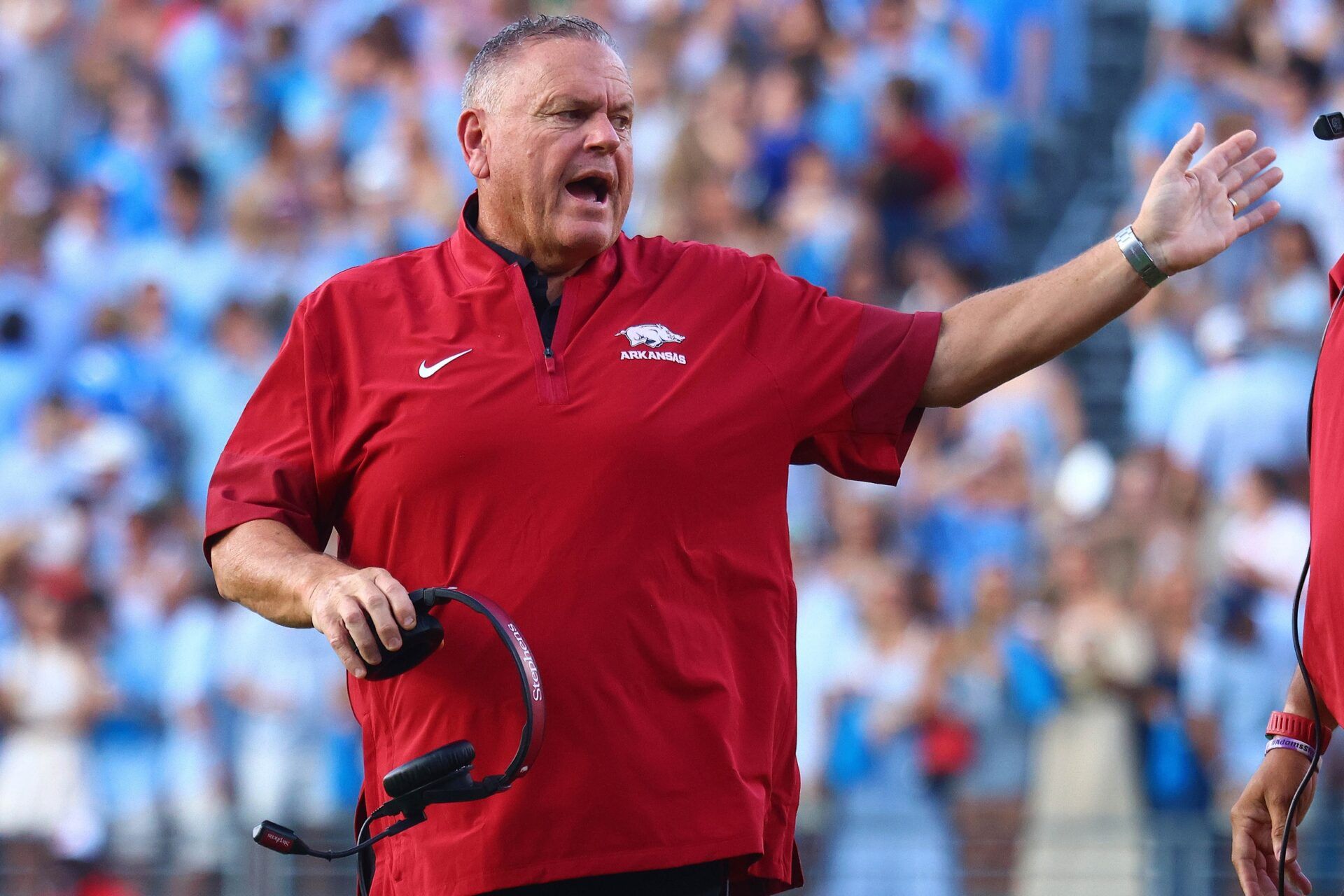 Arkansas Razorback head coach Sam Pittman reacts during the first quarter against the Mississippi Rebels at Vaught-Hemingway Stadium.