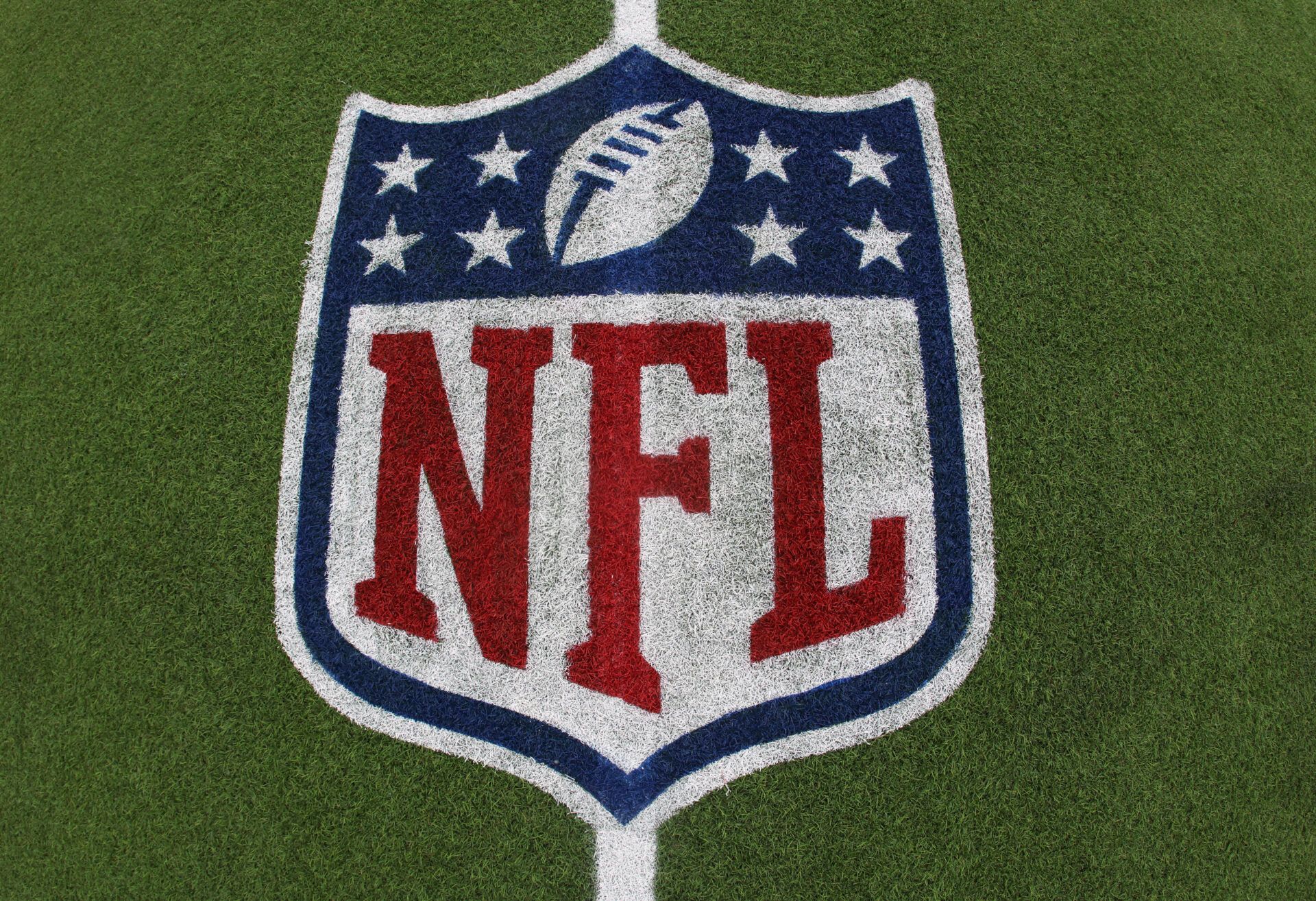 General view of the NFL shield logo on the field at the Tom Benson Hall of Fame Stadium site of the Professional Football Hall of Fame game and Class of 2025 induction ceremonies.