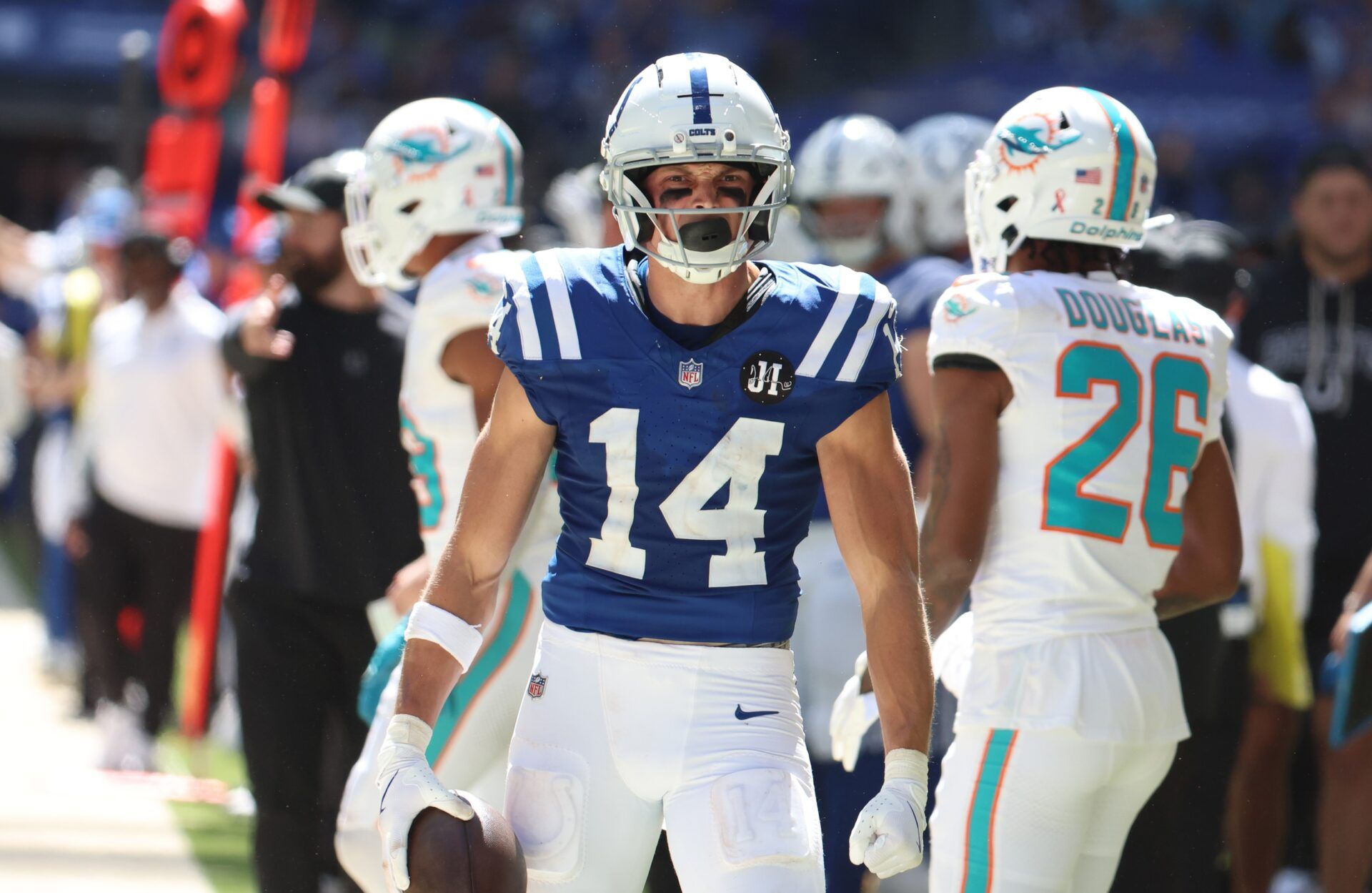 Indianapolis Colts wide receiver Alec Pierce (14) celebrates after making a catch during the second half against the Miami Dolphins at Lucas Oil Stadium.