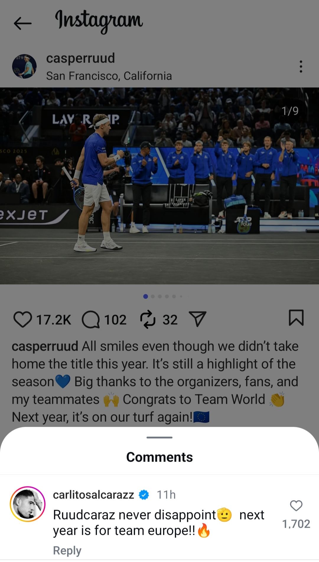 Screen grab of Carlos Alcaraz's comment under Caper Ruud's post