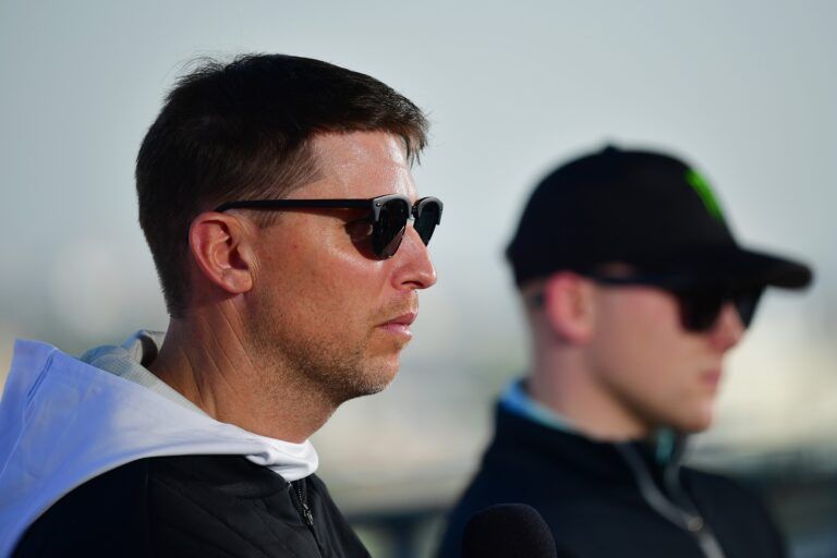 NASCAR Cup Series driver Denny Hamlin (11) and driver Ty Gibbs (54) during media availabilities at Los Angeles Memorial Coliseum.
