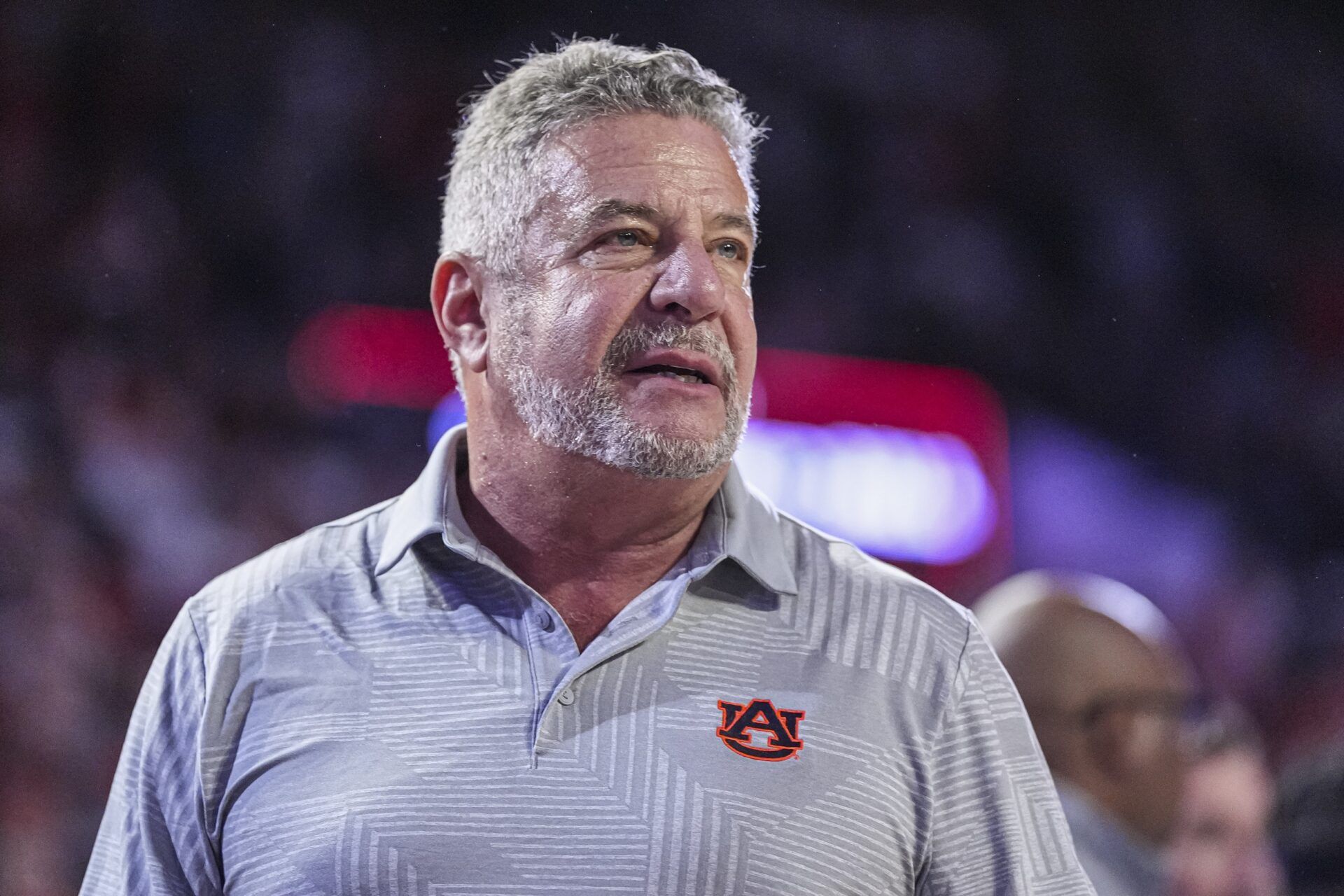 Auburn Tigers head coach Bruce Pearl reacts on the court against the Georgia Bulldogs at Stegeman Coliseum.