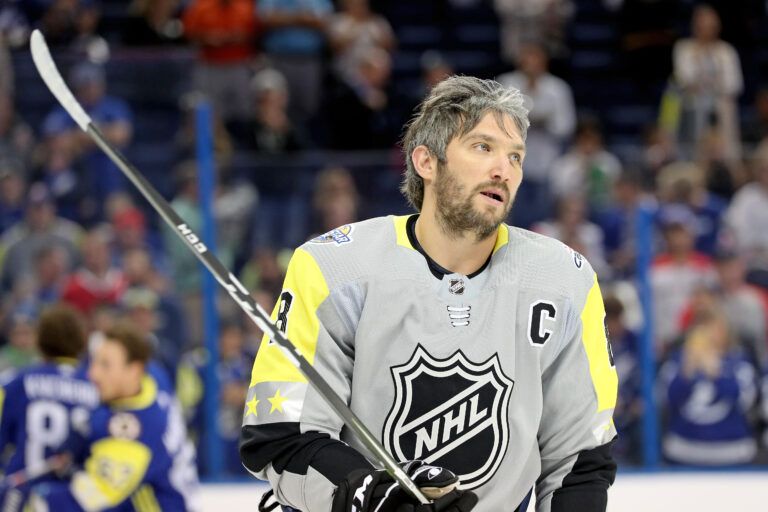 Metropolitan Division forward Alexander Ovechkin (8) of the Washington Capitals warms up prior to  the 2018 NHL All Star Game at Amalie Arena.