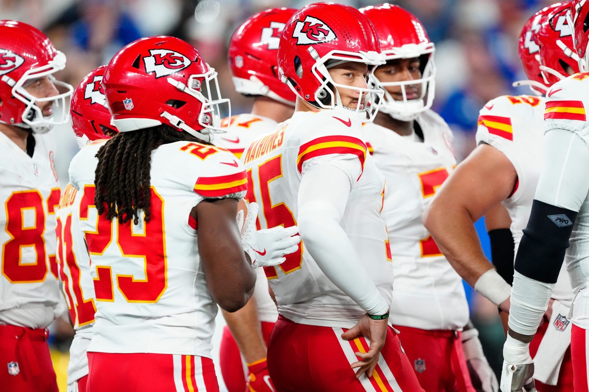 Kansas City Chiefs quarterback Patrick Mahomes (15) and his teammates are shown during the first half, Sunday, September 21, 2025.