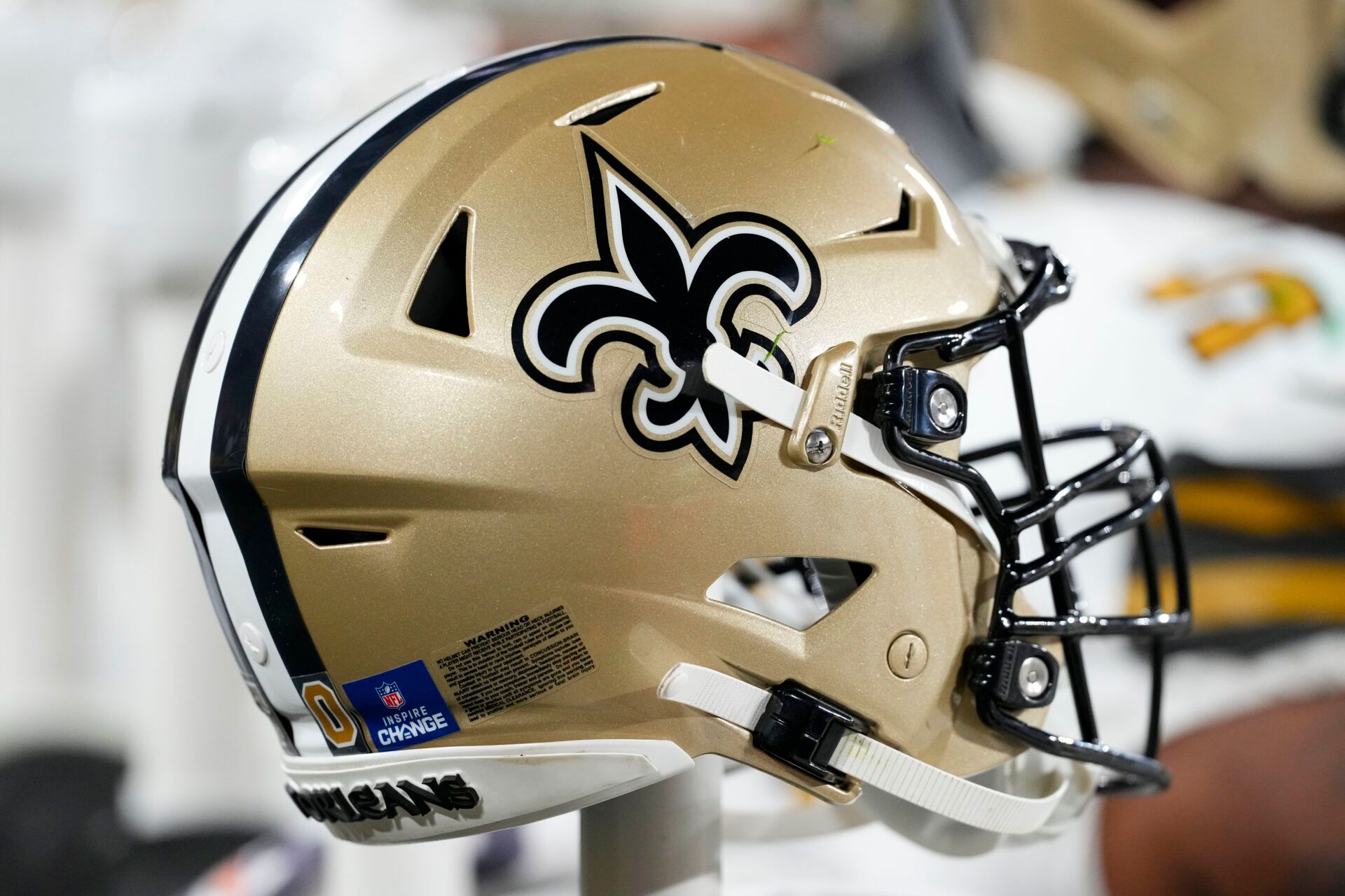 General view of a New Orleans Saints helmet during the game against the Green Bay Packers at Lambeau Field.