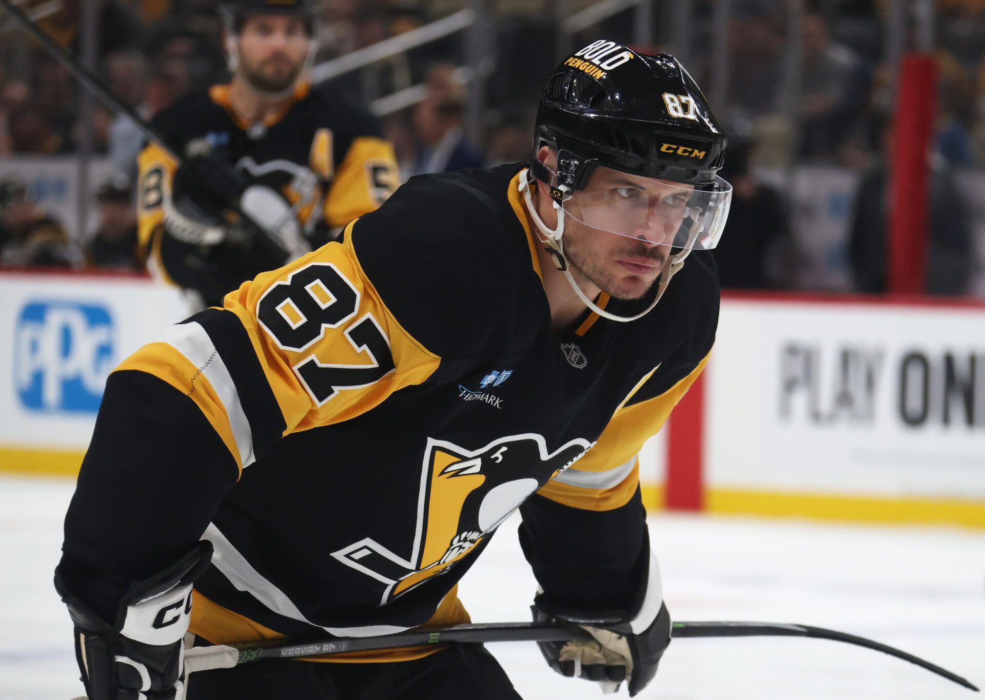 Pittsburgh Penguins center Sidney Crosby (87) prepares to take a face-off against the St. Louis Blues during the third period at PPG Paints Arena.