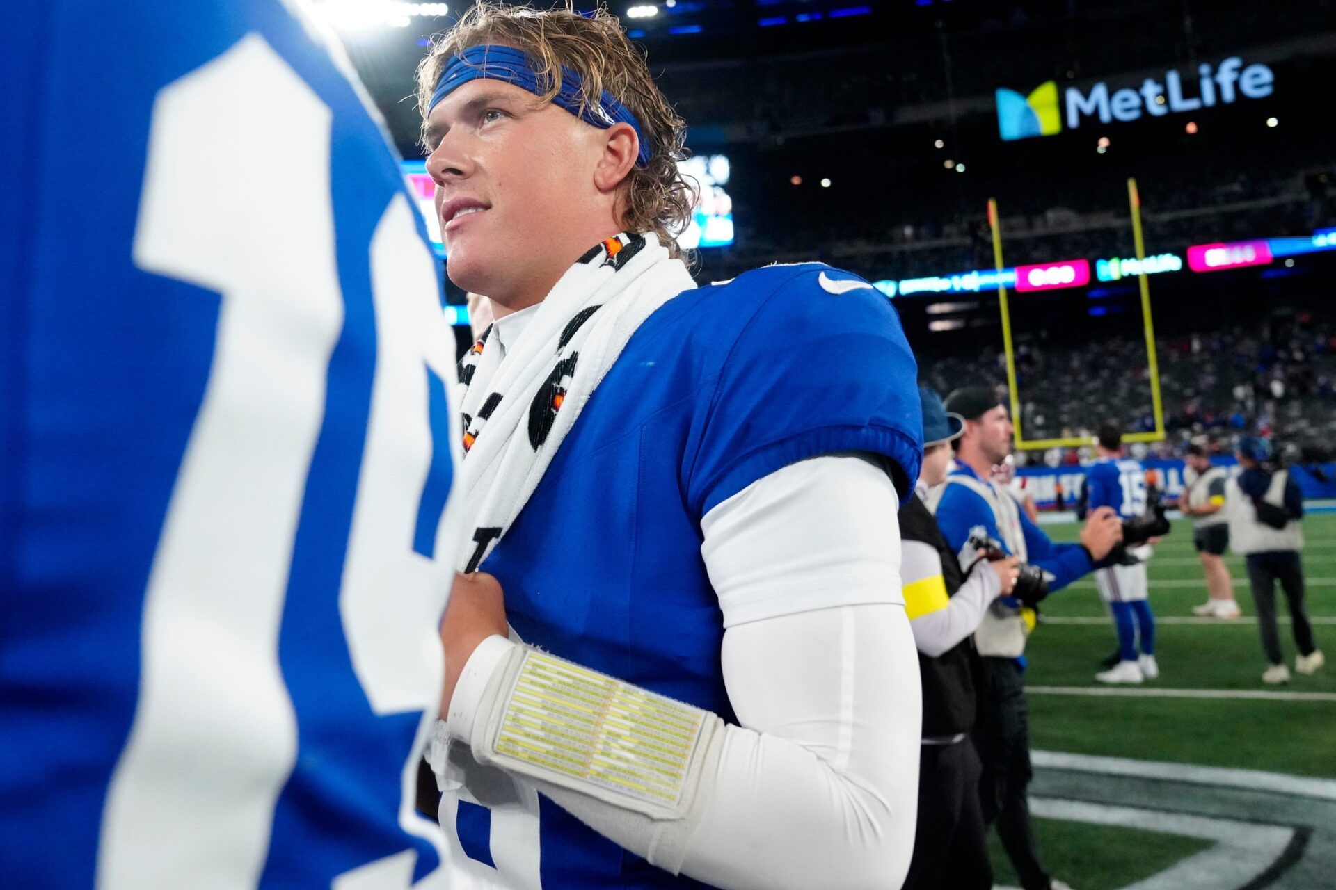 New York Giants quarterback Jaxson Dart (6) is shown after the game, Thursday, August 21, 2025, in East Rutherford.