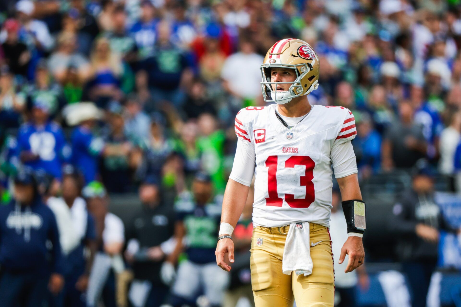 San Francisco 49ers quarterback Brock Purdy (13) reacts following a failed third down play against the Seattle Seahawks during the fourth quarter at Lumen Field.