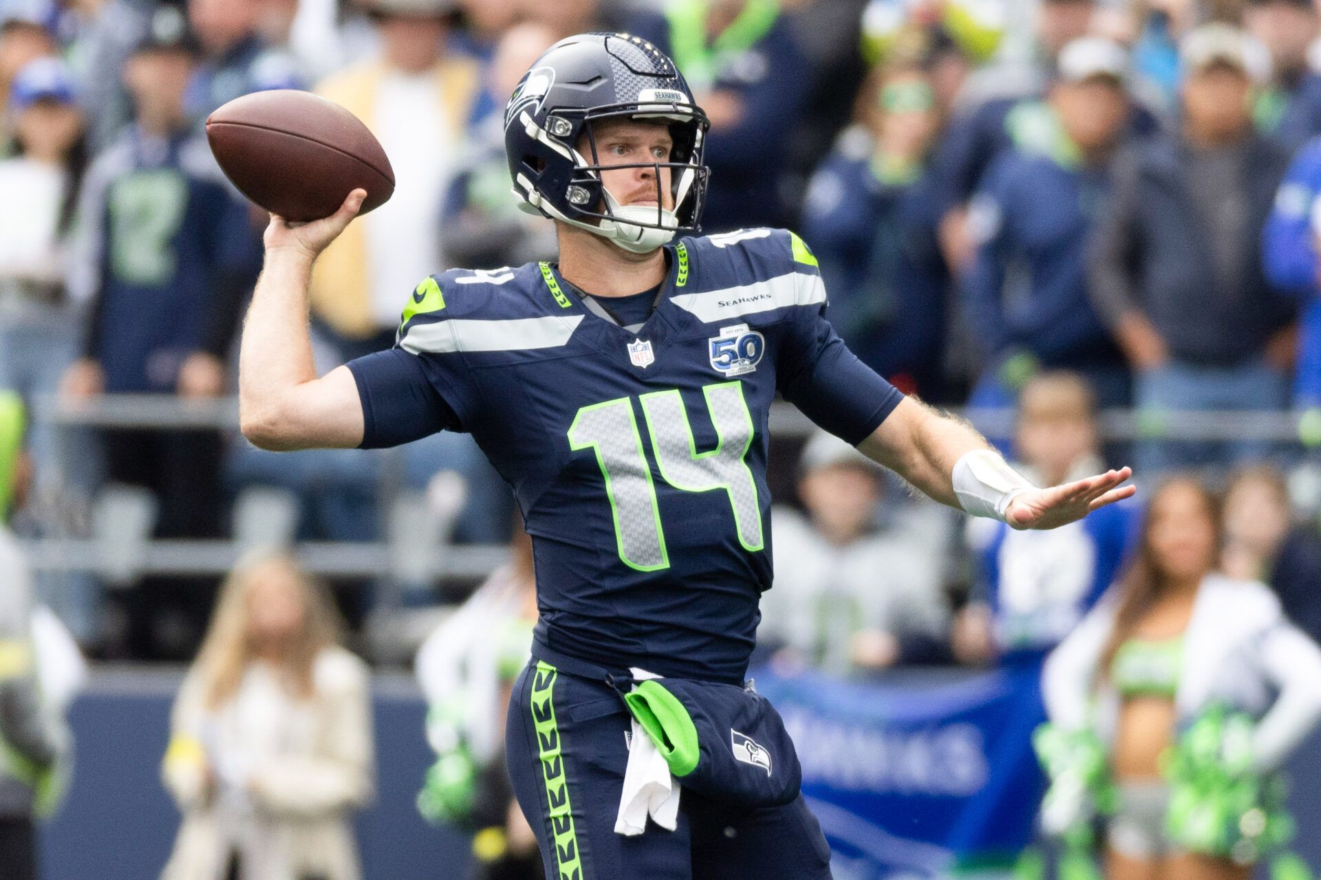 Seattle Seahawks quarterback Sam Darnold (14) throws the ball during the first quarter against New Orleans Saints at Lumen Field.