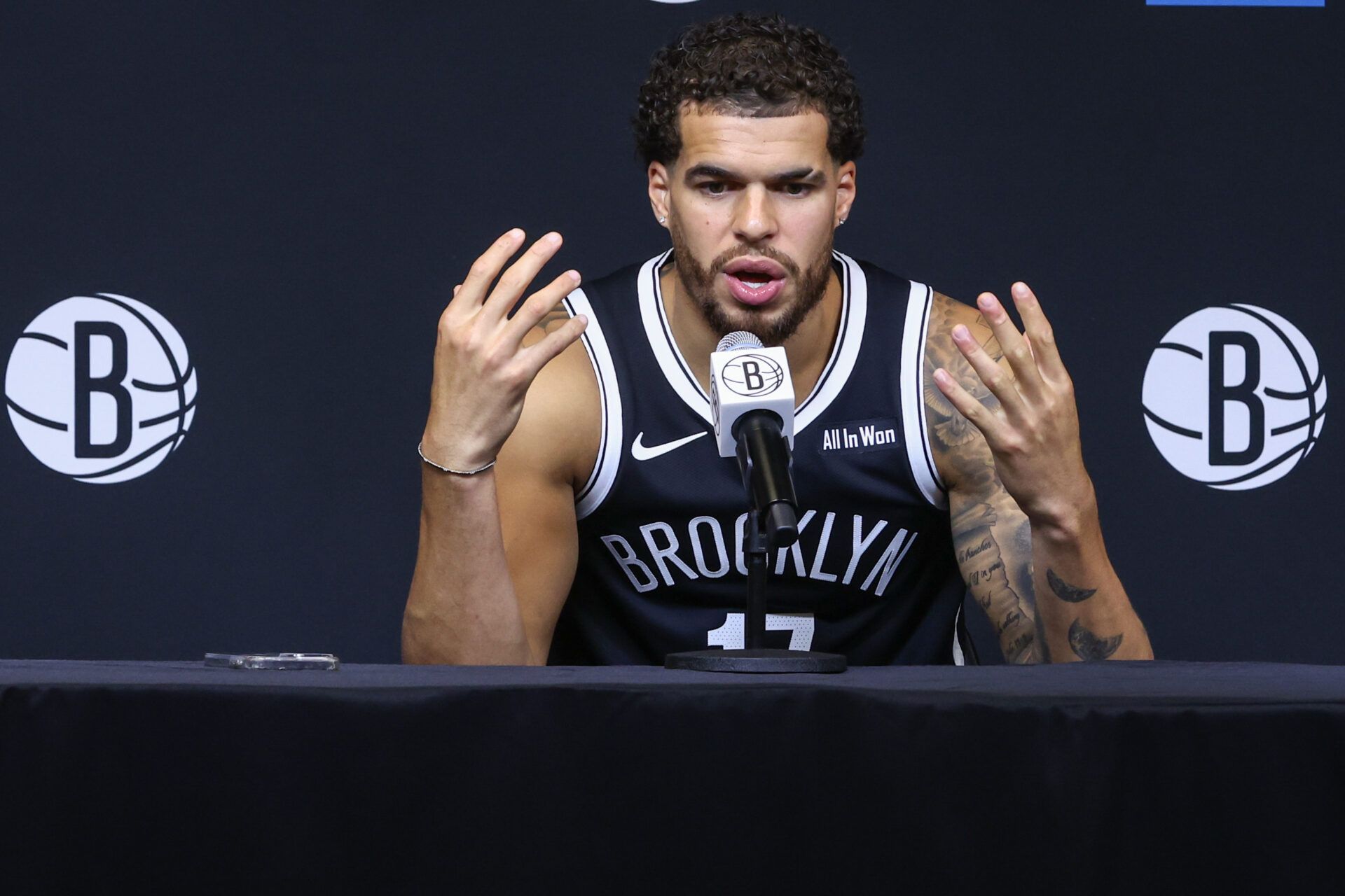 Brooklyn Nets forward Michael Porter Jr. (17) speaks at Media Day.