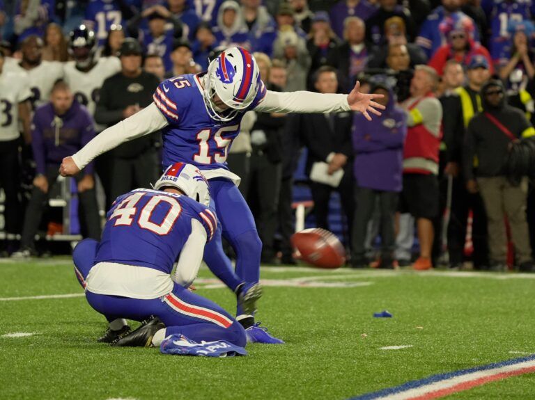 Bills Matt Prater kicks the ball for the field goal winning the Bills game over the Baltimore Ravens at Highmark Stadium in Orchard Park on Sept. 7, 2025.