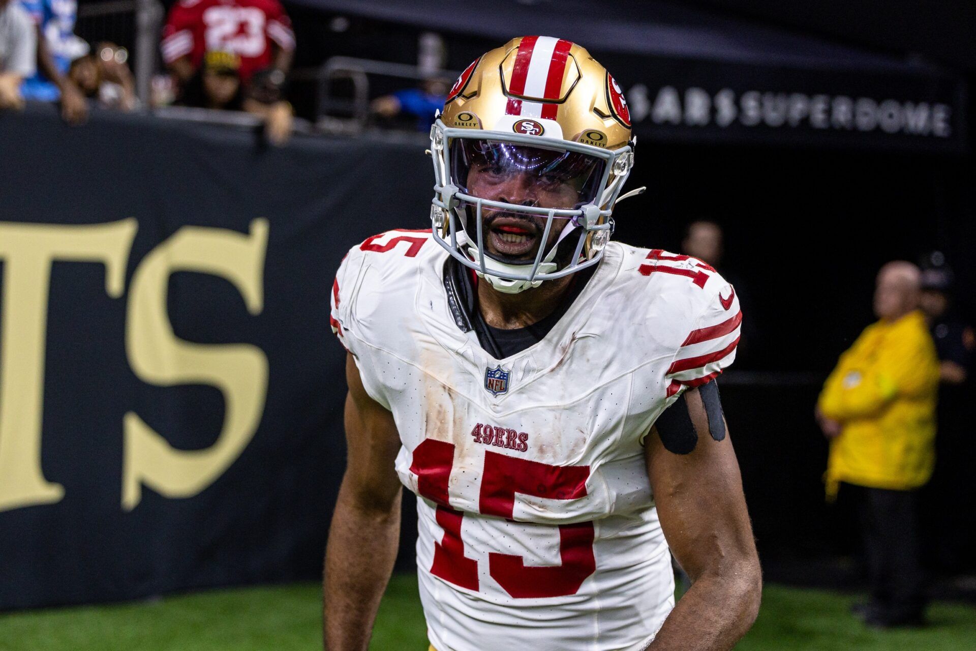 San Francisco 49ers wide receiver Jauan Jennings (15) reacts to scoring a touchdown against the New Orleans Saints during the second half at Caesars Superdome.