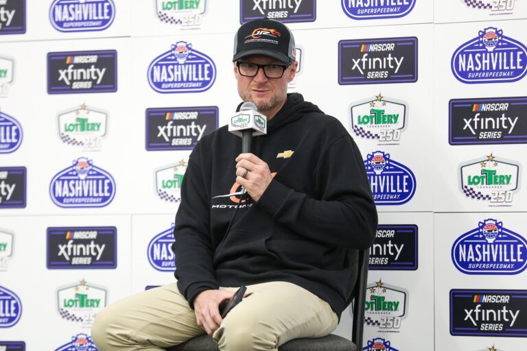 NASCAR Xfinity series car owner Dale Earnhardt Jr. speaks to the media after the Tennessee Lottery 250 at Nashville Superspeedway.