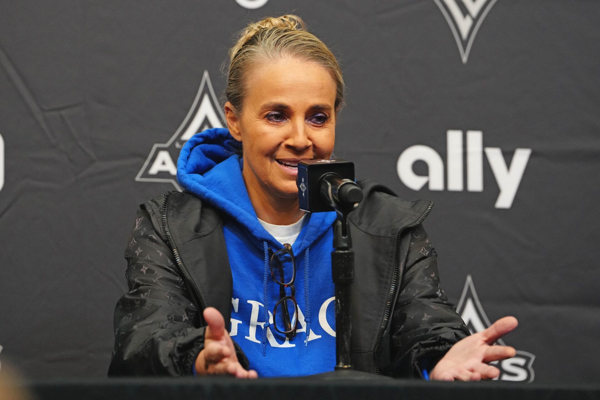 Las Vegas Aces head coach Becky Hammon holds a presser before a game against the Chicago Sky at T-Mobile Arena.